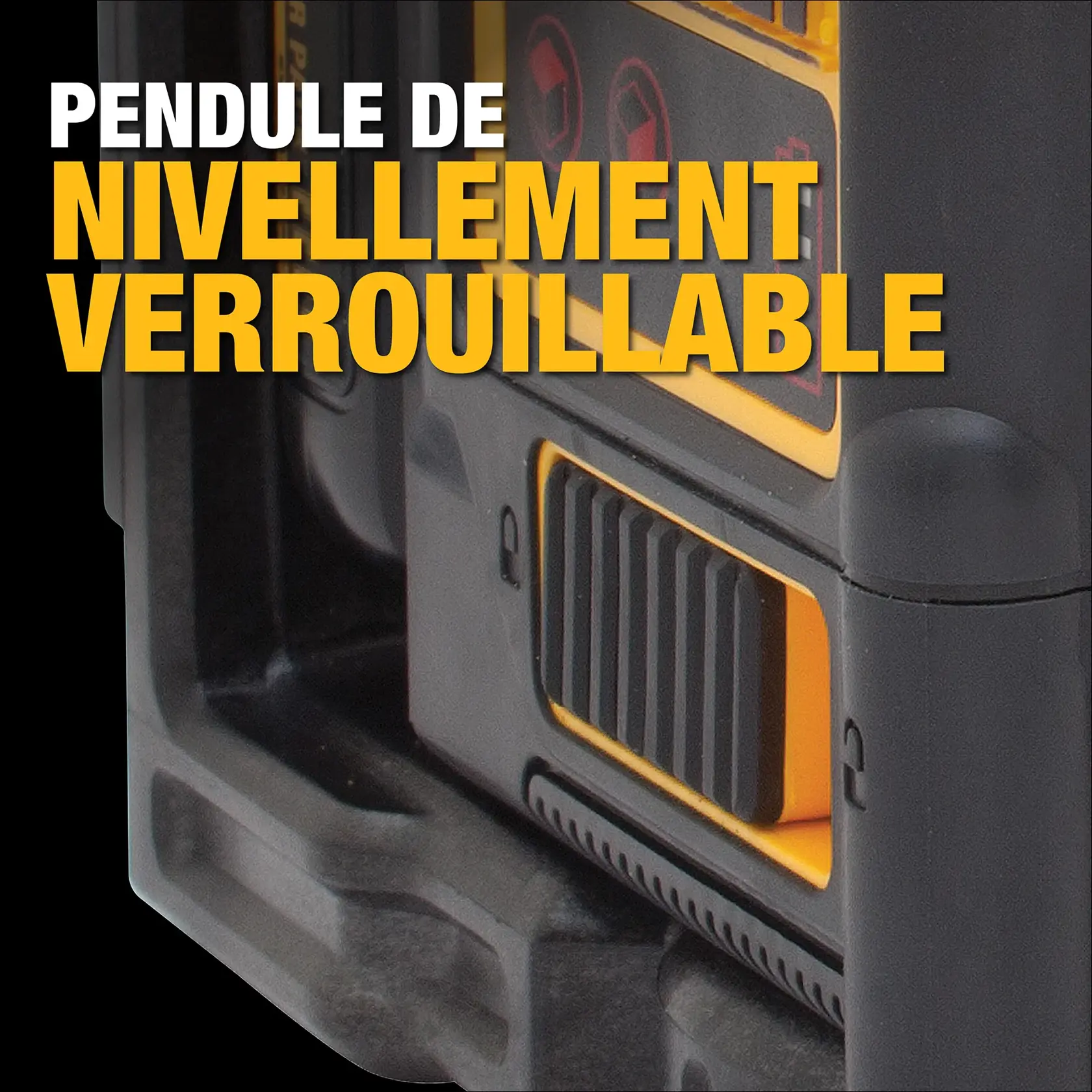 Close-up image showing a DEWALT DW0811LR construction tool with a locking pendulum feature. The tool is black and yellow with a battery indicator and a textured slider.