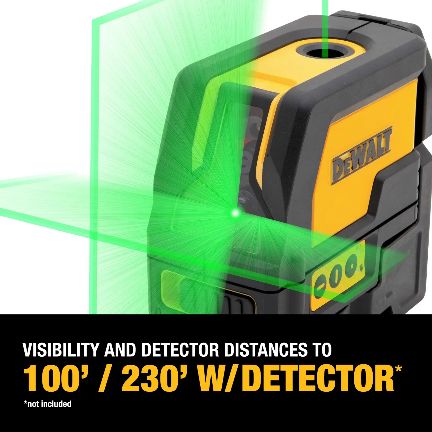 A DEWALT laser level tool emitting bright green laser lines, showing visibility and detector distances up to 100 feet or 230 feet with a detector (not included), with bold text on a black background.