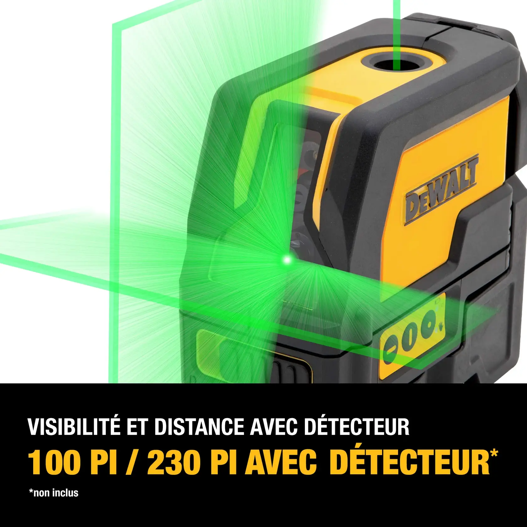 A DEWALT laser level tool emitting bright green laser lines, showing visibility and detector distances up to 100 feet or 230 feet with a detector (not included), with bold text on a black background.