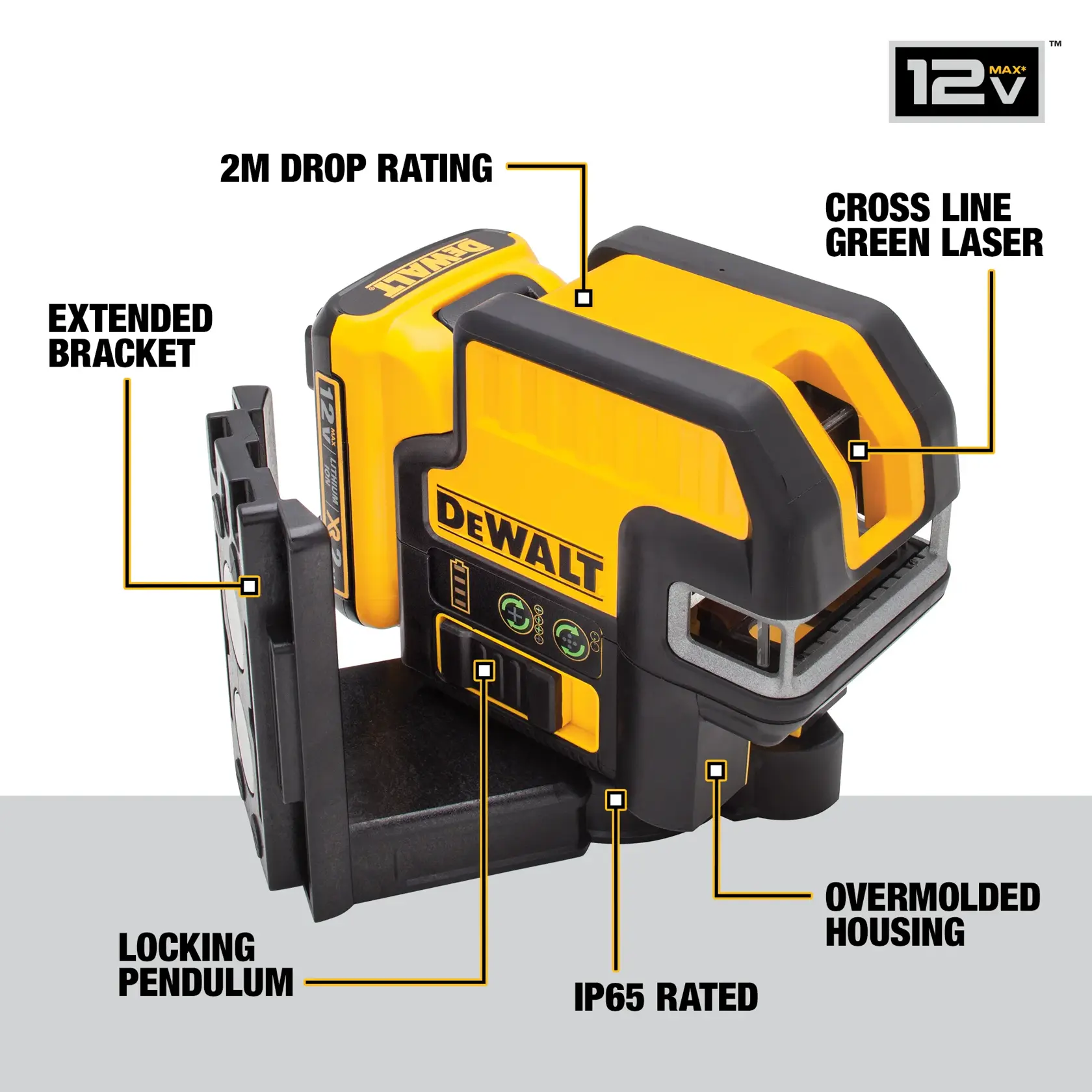 A DEWALT DW0822LG 12V Max cross line green laser level is shown with labeled features including: 2m drop rating, cross line green laser, extended bracket, locking pendulum, IP65 rated, and overmolded housing. The laser level is yellow and black with a rugged design.