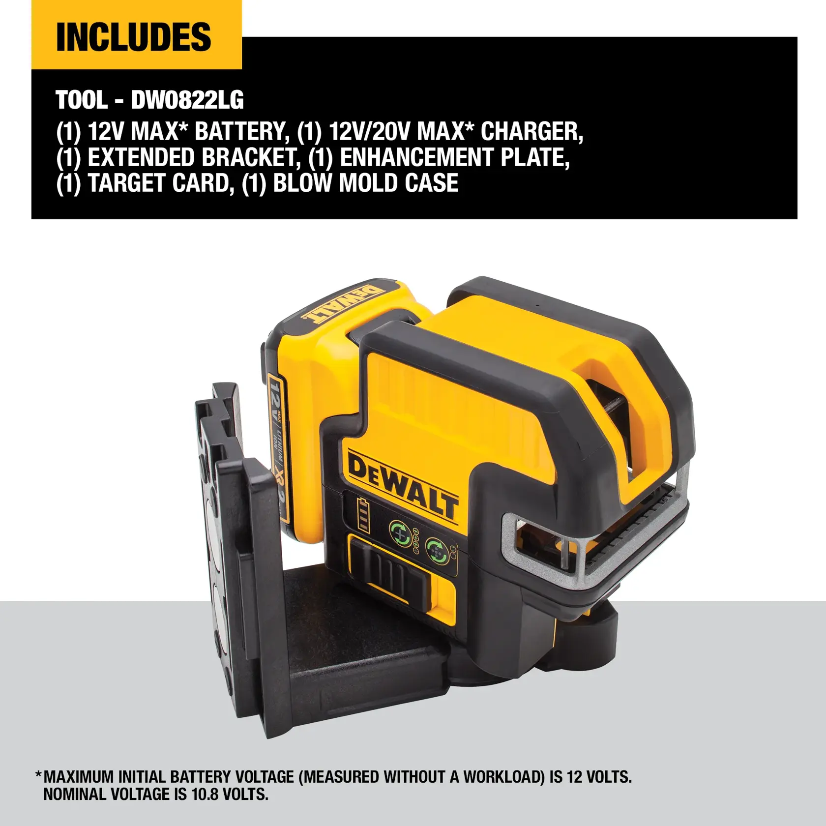DEWALT DW0822LG tool package includes a 12V MAX battery, 12V/20V MAX charger, extended bracket, enhancement plate, target card, and blow mold case. The image shows the yellow and black DEWALT self-leveling laser tool with accessories, and product details highlighted above.