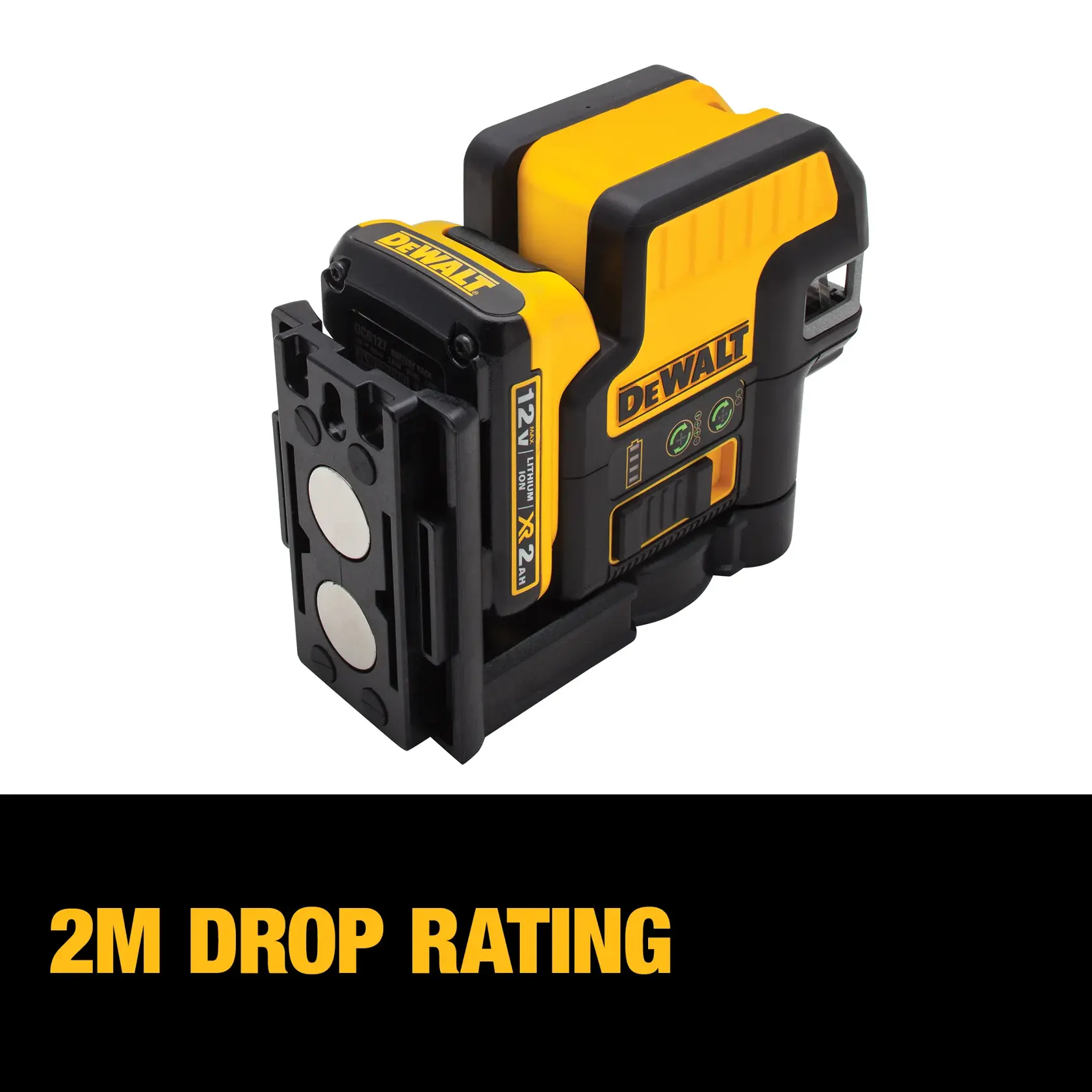 A DEWALT branded yellow and black laser level tool with a magnetic mount, shown above text reading '2M DROP RATING'.