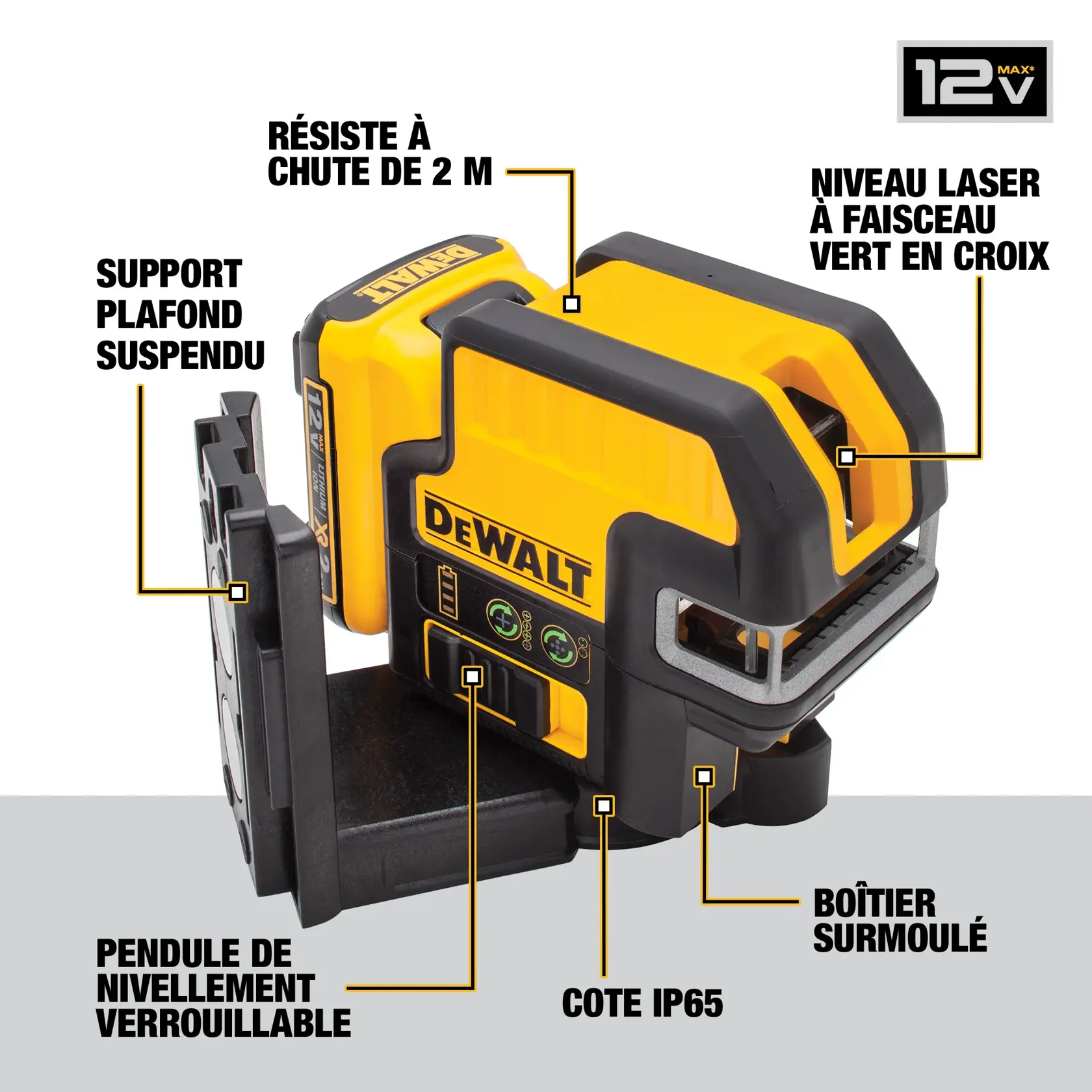 A DEWALT DW0822LG 12V Max cross line green laser level is shown with labeled features including: 2m drop rating, cross line green laser, extended bracket, locking pendulum, IP65 rated, and overmolded housing. The laser level is yellow and black with a rugged design.