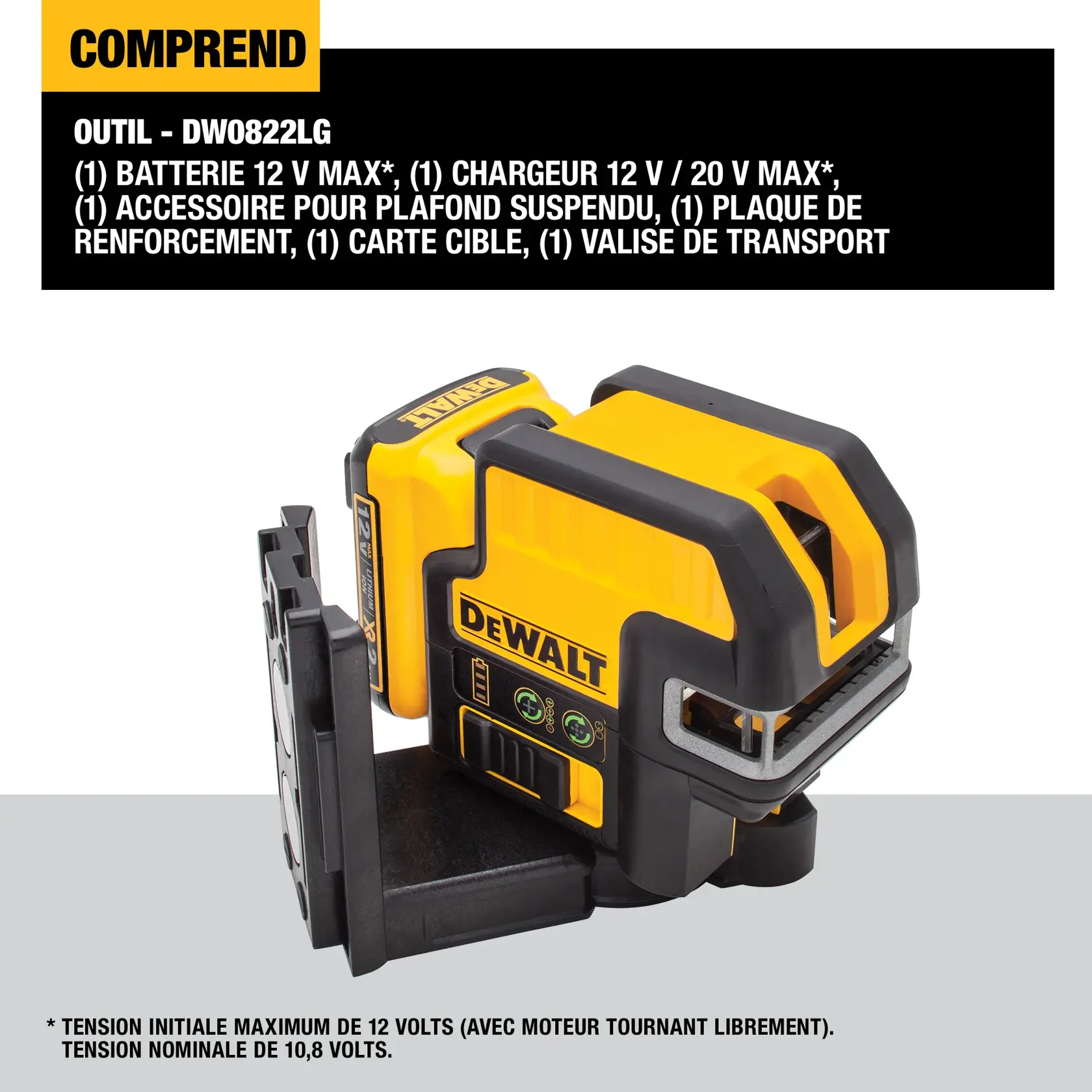 DEWALT DW0822LG tool package includes a 12V MAX battery, 12V/20V MAX charger, extended bracket, enhancement plate, target card, and blow mold case. The image shows the yellow and black DEWALT self-leveling laser tool with accessories, and product details highlighted above.
