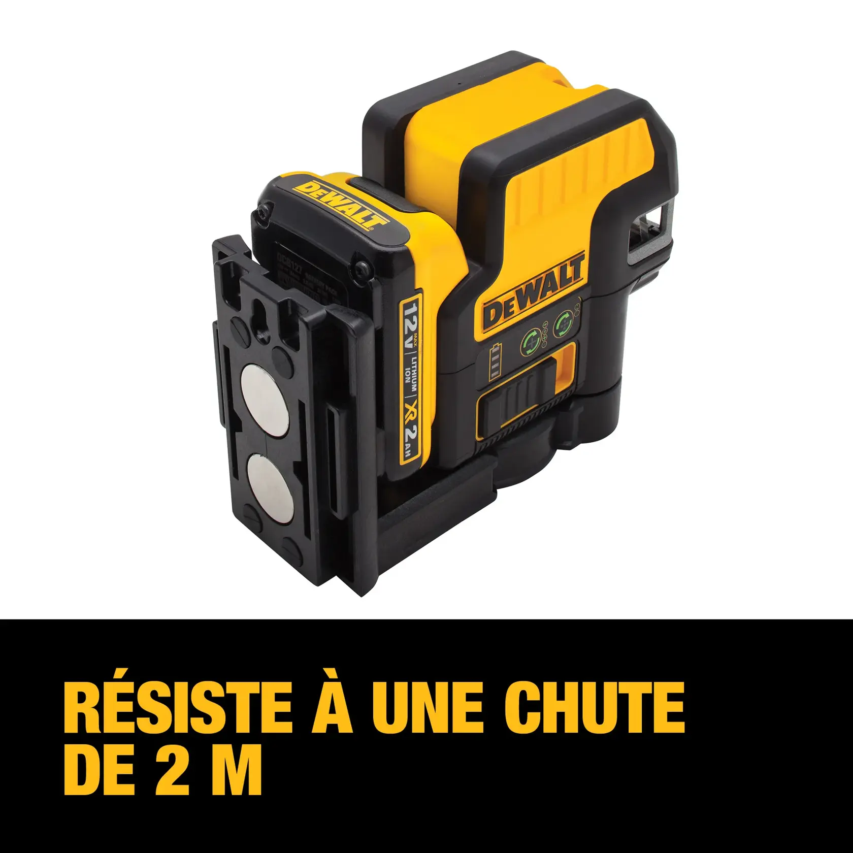 A DEWALT branded yellow and black laser level tool with a magnetic mount, shown above text reading '2M DROP RATING'.