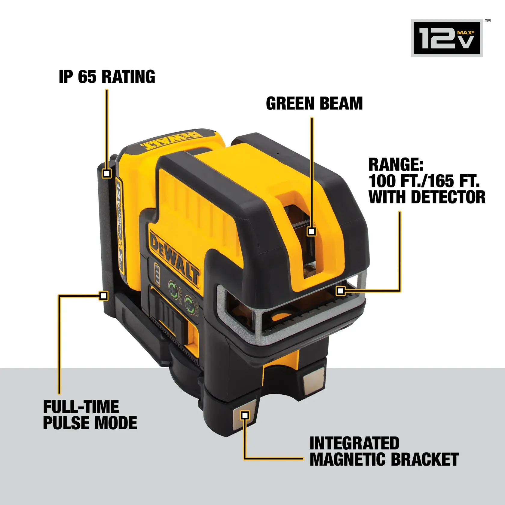 A DEWALT DW0825LG 12V Max cross line and 5-spot green beam laser level is shown. Key features highlighted include IP65 rating for durability, green laser beam, range of 100 feet or 165 feet with detector, full-time pulse mode, and an integrated magnetic bracket.