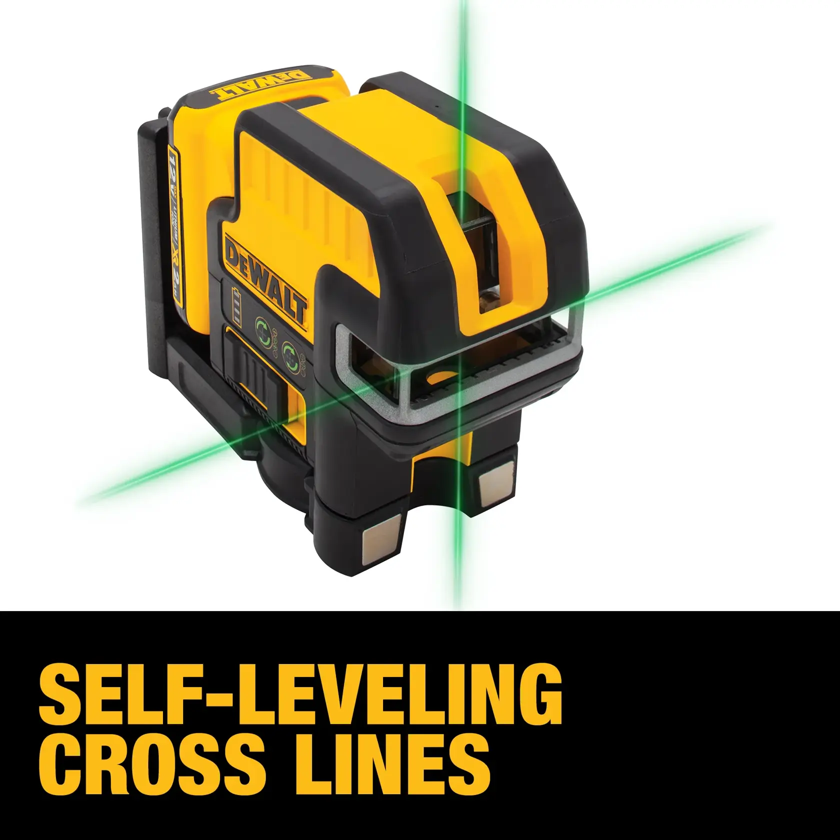 DEWALT DW0825LG yellow and black self-leveling laser level tool with green cross lines, displayed above the bold text 'SELF-LEVELING CROSS LINES'.