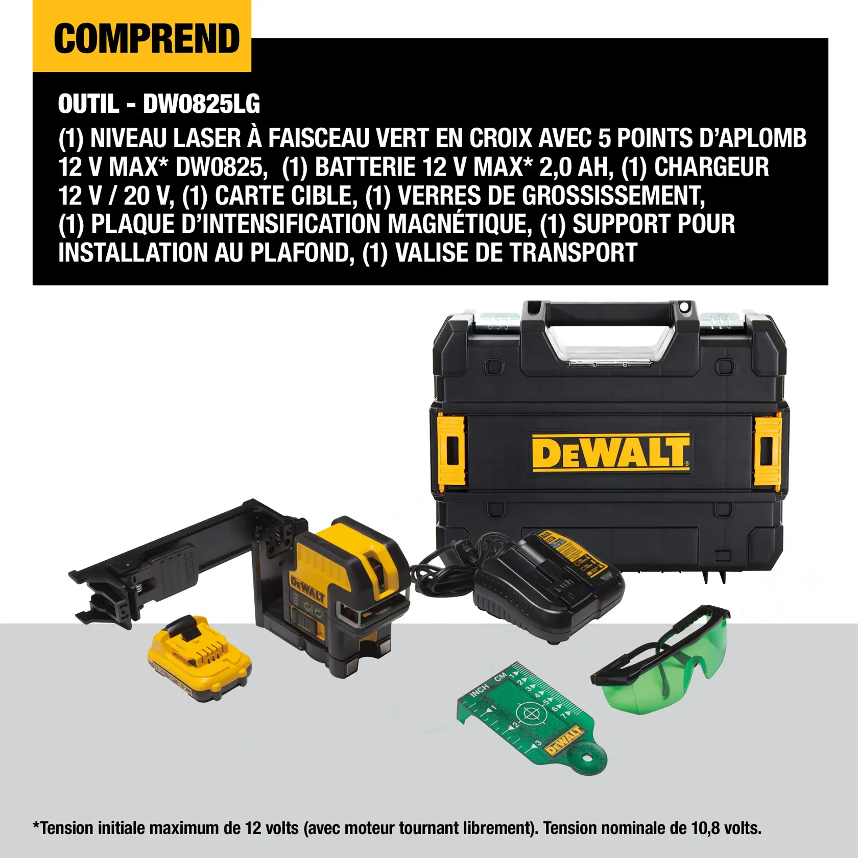 Image showing the DEWALT DW0825LG laser tool kit, which includes a DW0825 12V MAX 5 spot plus cross line green laser, a 12V MAX 2.0Ah battery, a 12V/20V charger, a target card, green laser enhancement glasses, a magnetic enhancement plate, a ceiling bracket, and a TSTAK case.
