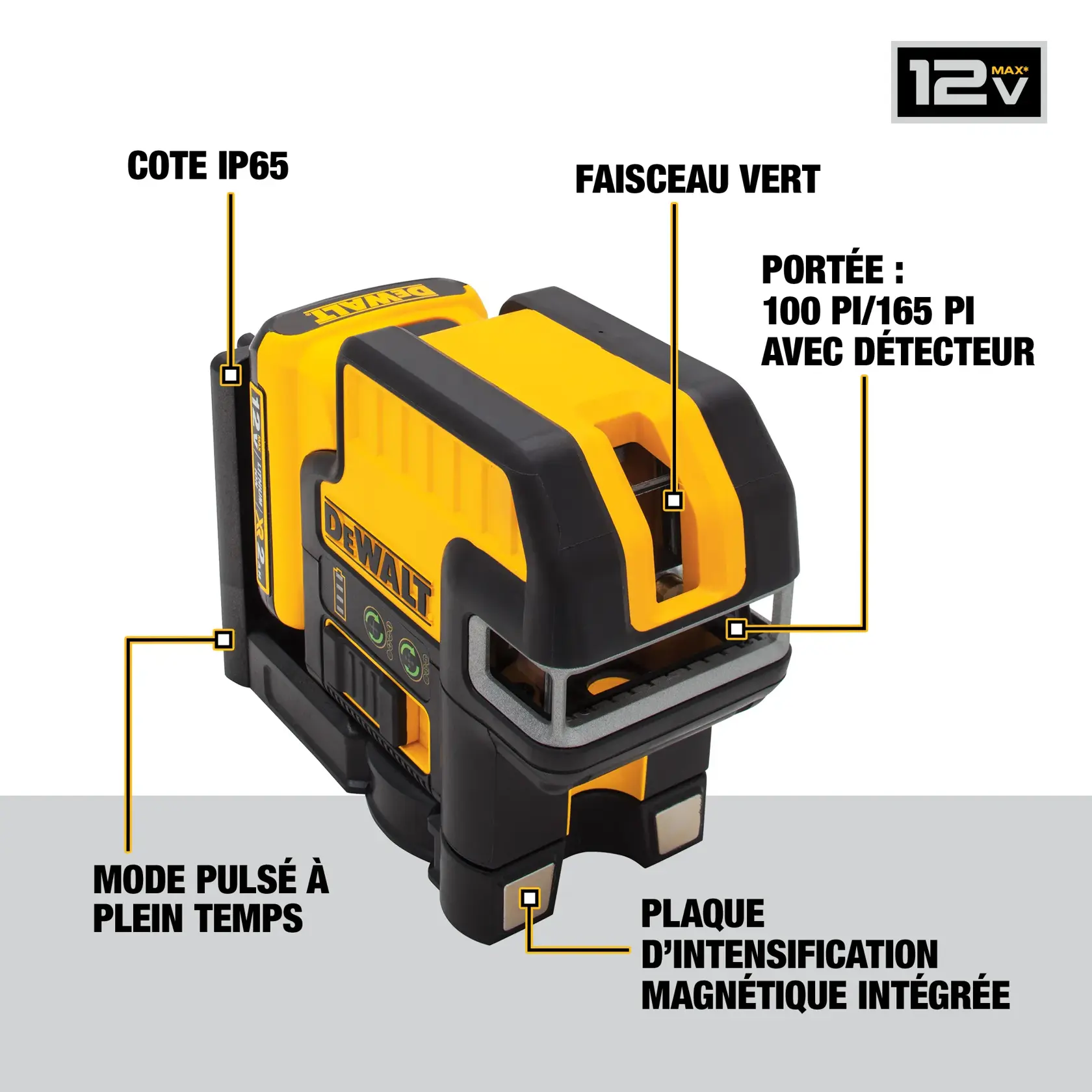 A DEWALT DW0825LG 12V Max cross line and 5-spot green beam laser level is shown. Key features highlighted include IP65 rating for durability, green laser beam, range of 100 feet or 165 feet with detector, full-time pulse mode, and an integrated magnetic bracket.