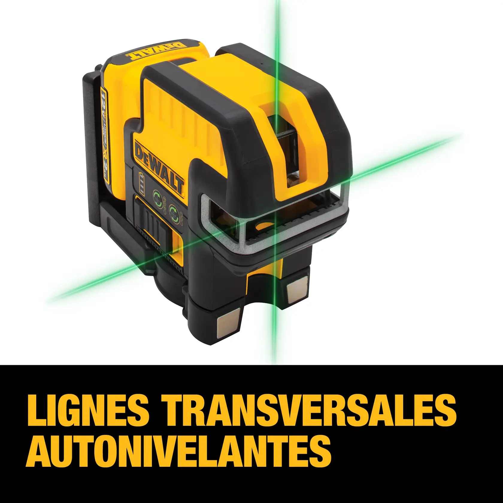 DEWALT DW0825LG yellow and black self-leveling laser level tool with green cross lines, displayed above the bold text 'SELF-LEVELING CROSS LINES'.