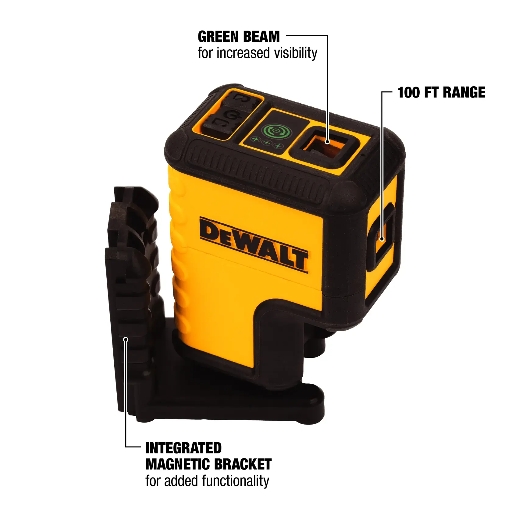 A yellow and black DEWALT laser level with a green beam for increased visibility, a range up to 100 feet, and an integrated magnetic bracket for added functionality.