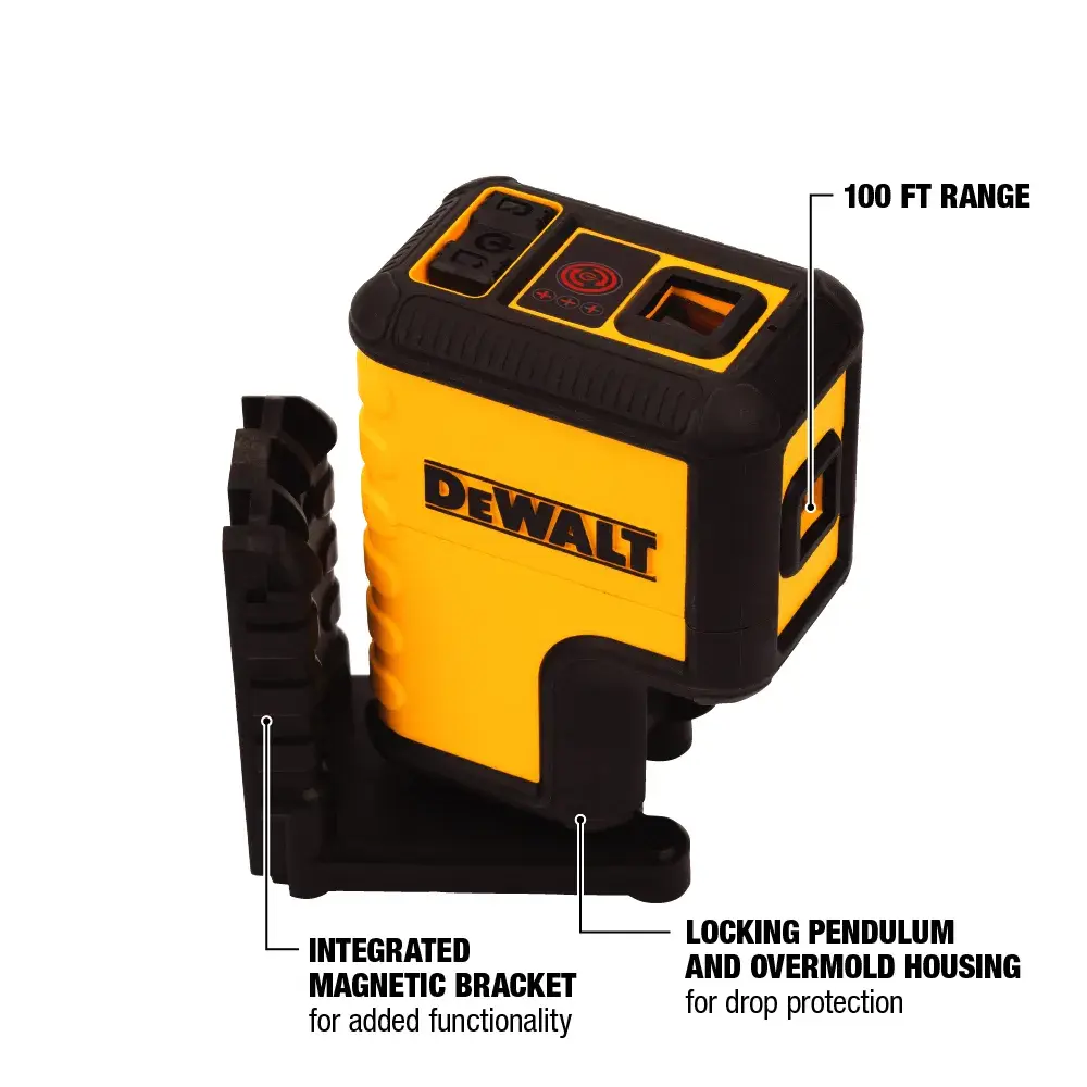 A DEWALT DW08302 yellow and black laser level device with labeled features including a 100 ft range, integrated magnetic bracket for added functionality, and locking pendulum with overmold housing for drop protection.