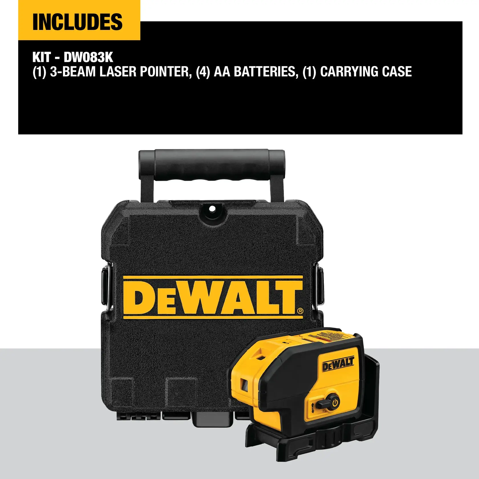 DEWALT DW083K kit including a 3-beam laser pointer, four AA batteries, and a sturdy carrying case. The image shows the black and yellow DEWALT-branded carrying case with the laser pointer device placed in front.
