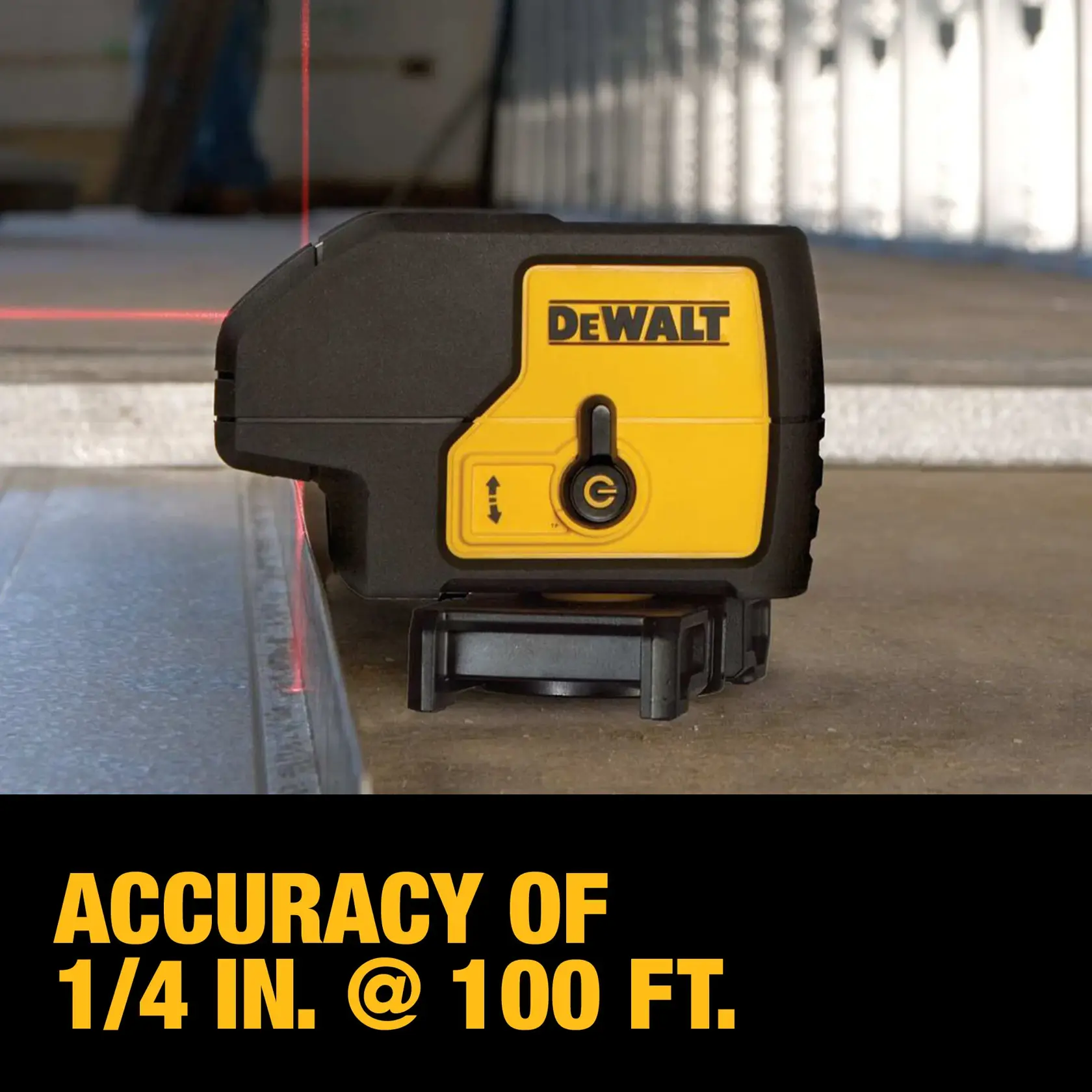 A DEWALT branded laser level tool, model DW083K, is positioned on a flat surface emitting a visible red laser line horizontally and vertically. The product is highlighted with text stating 'ACCURACY OF 1/4 IN. @ 100 FT.' in bold yellow letters on a black background.