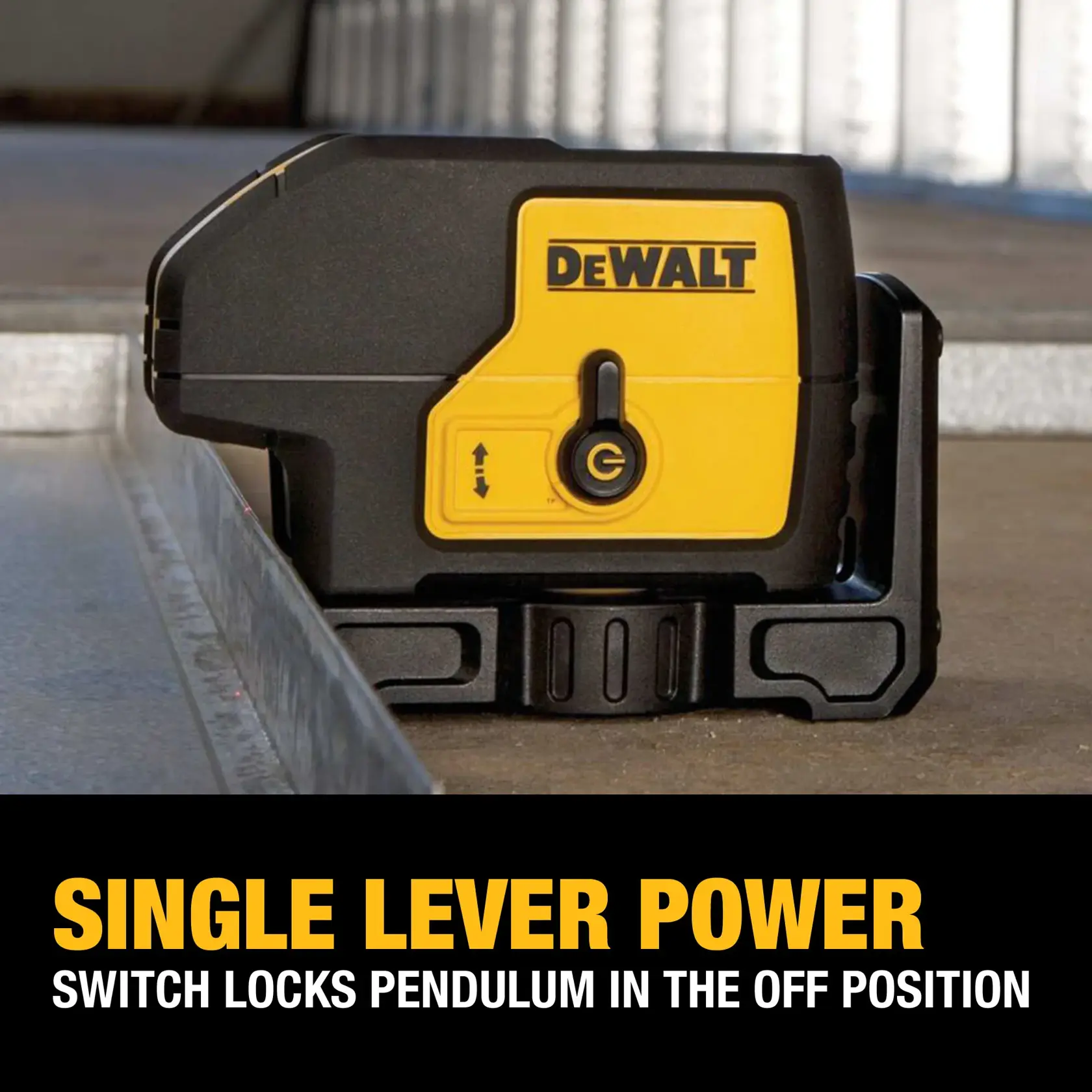 A DEWALT DW083K laser level tool is shown on a construction site floor, featuring a single lever power switch. Text on the image highlights its switch that locks the pendulum in the off position.
