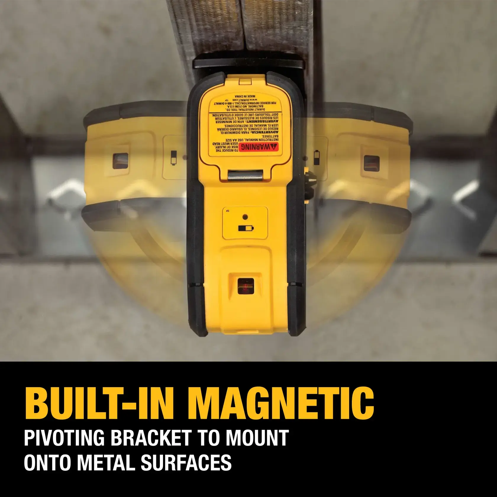 Top-down view of a DEWALT DW083K laser level mounted onto a metal surface using its built-in magnetic pivoting bracket. The image highlights the device's ability to attach securely to metal surfaces. Text overlay reads: 'BUILT-IN MAGNETIC PIVOTING BRACKET TO MOUNT ONTO METAL SURFACES.'