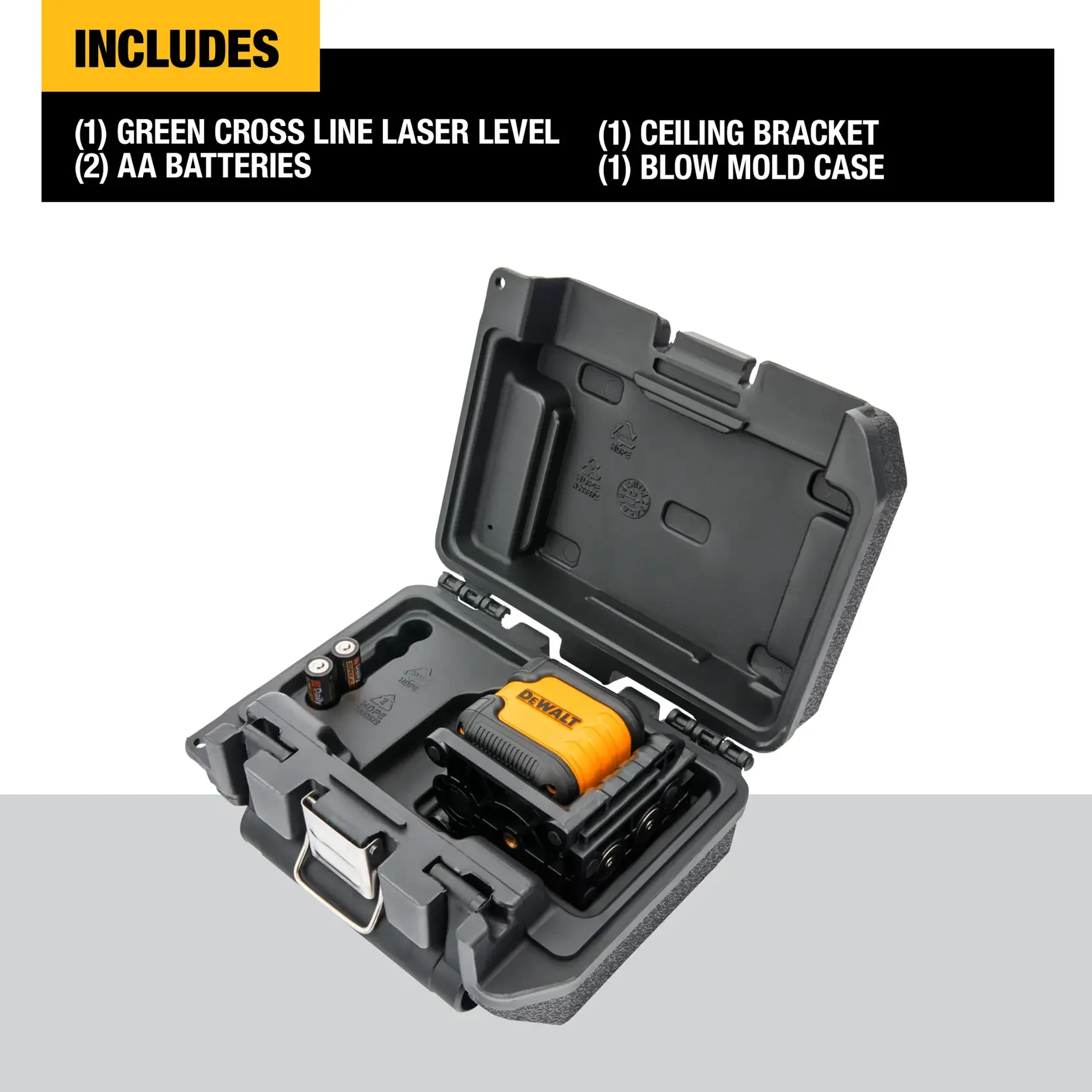 DEWALT DW08802CG green cross line laser level kit shown open. Inside the blow mold case are the green cross line laser level, two AA batteries, and other accessories including a ceiling bracket. A product list detailing contents is displayed above the case.