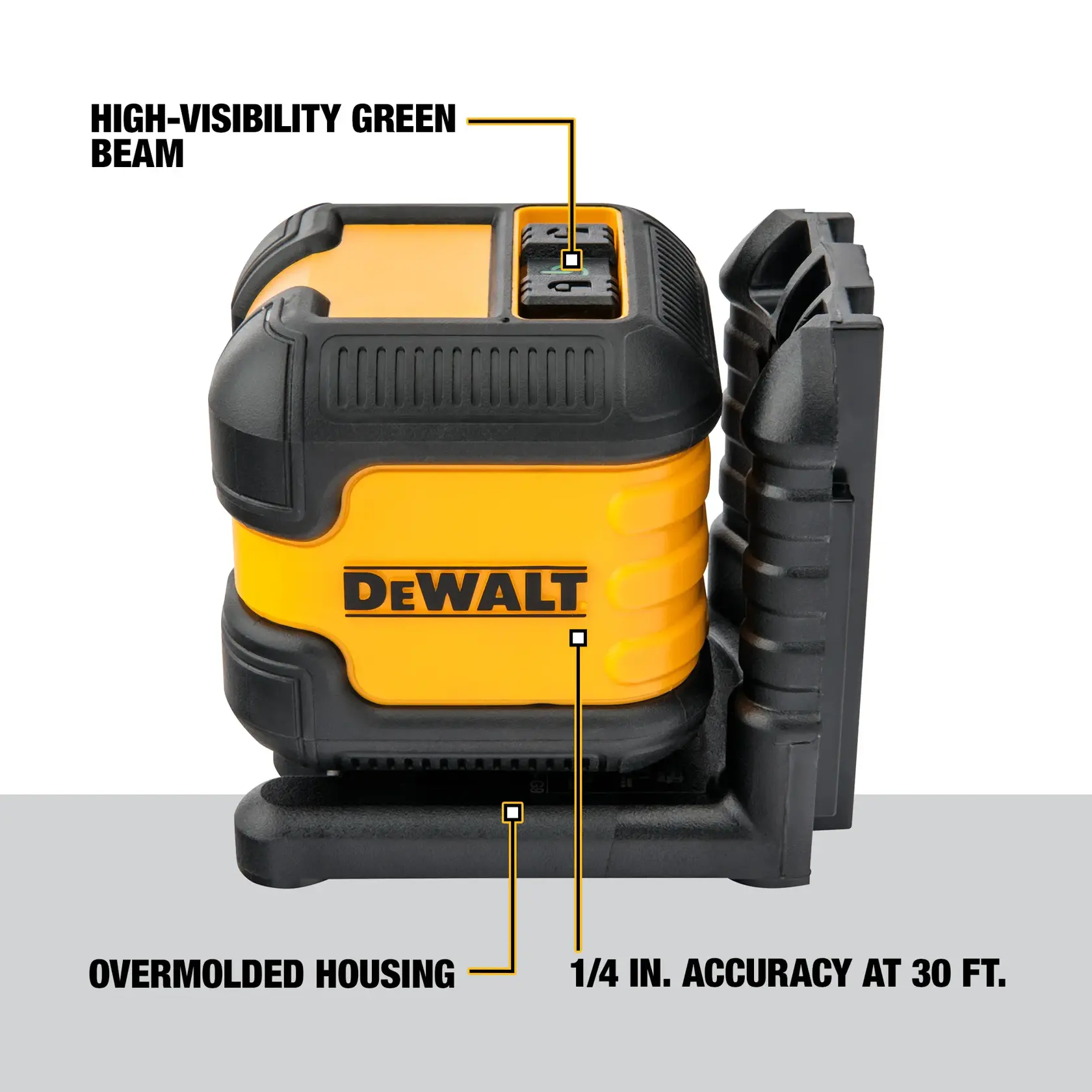 A graphic image showing a DEWALT laser level model DW08802CG, highlighting its high-visibility green beam, overmolded housing, and 1/4 inch accuracy at 30 feet.