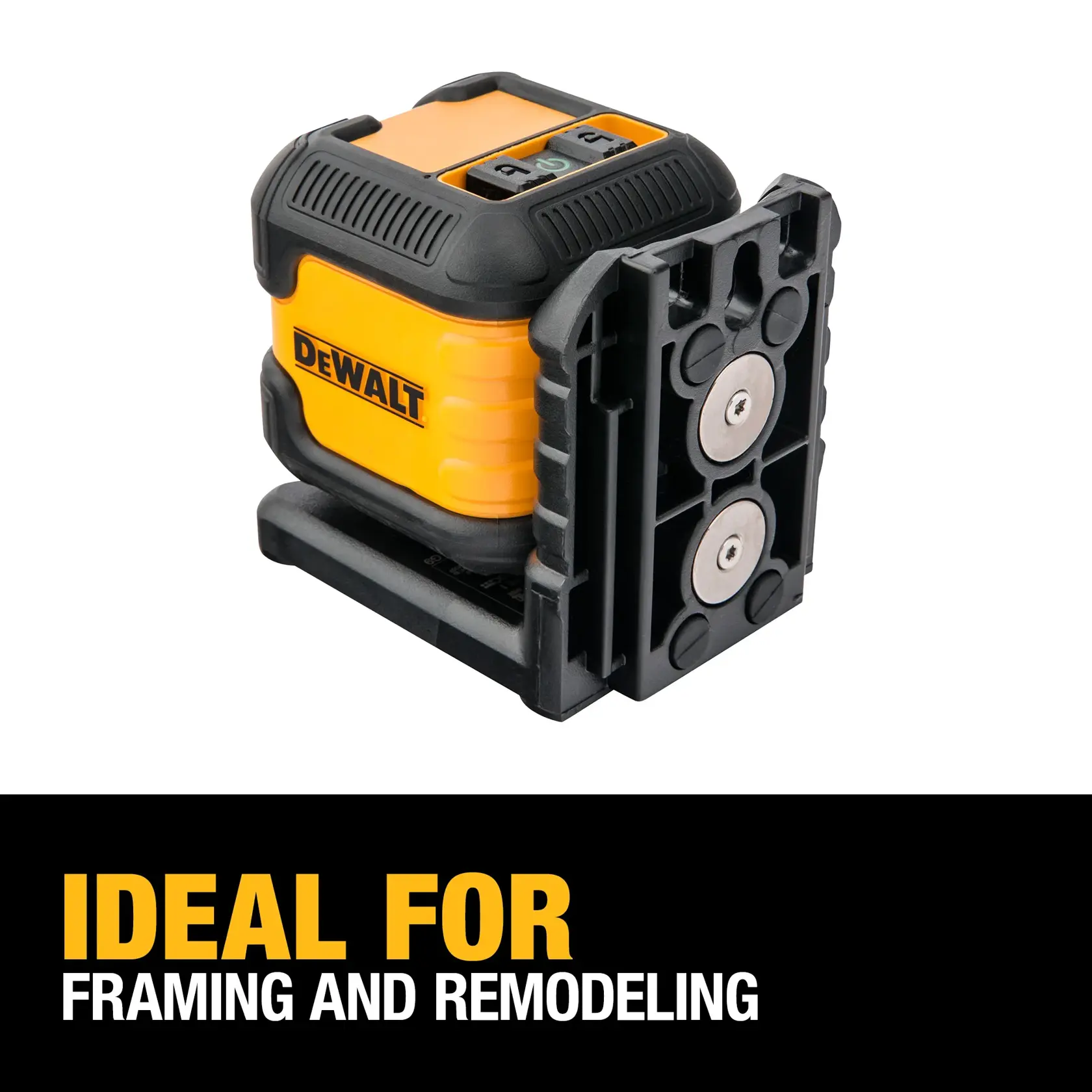 A DEWALT-branded yellow and black laser level device, shown with a sturdy mounting base and magnetic attachment points. The text below reads 'IDEAL FOR FRAMING AND REMODELING.'
