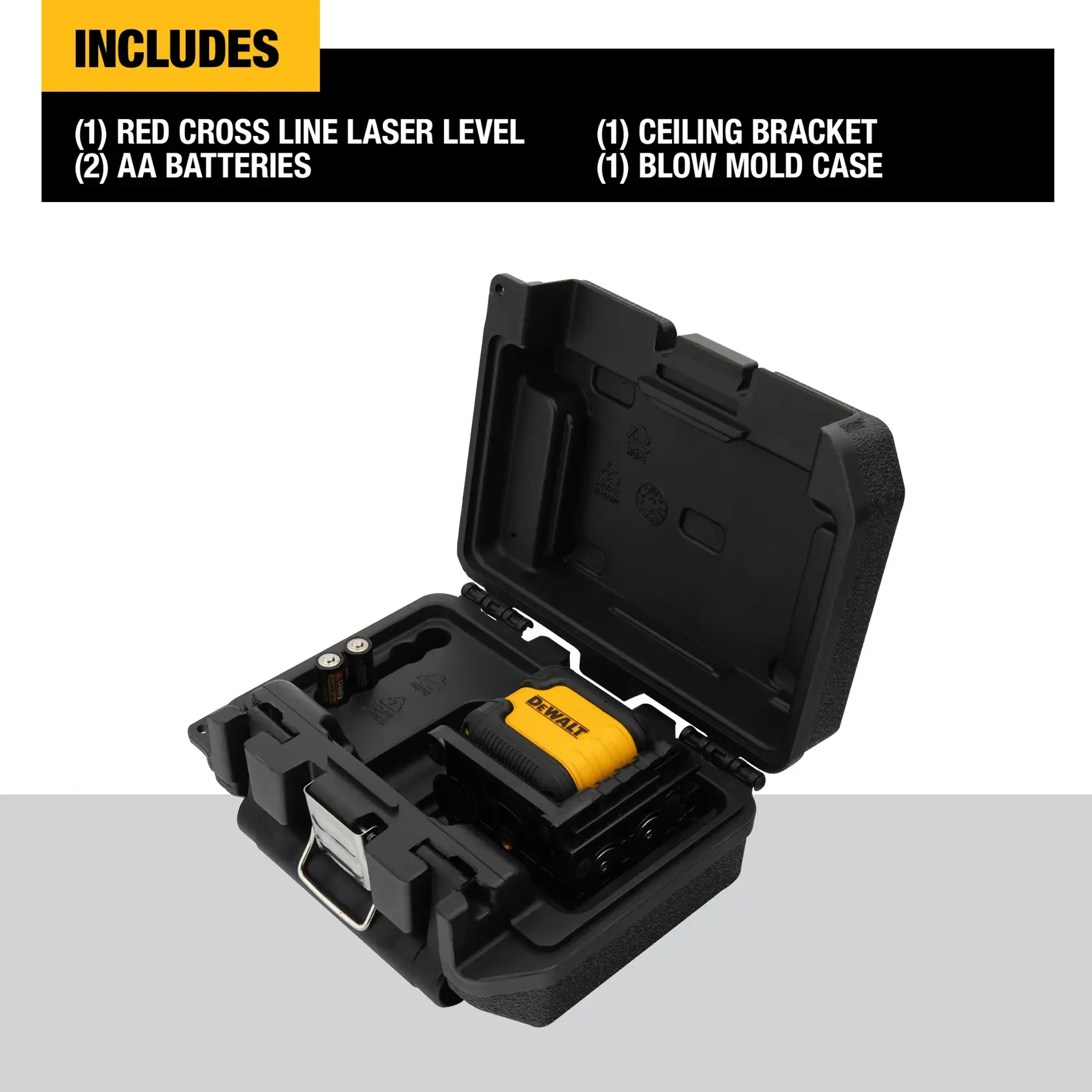 A DEWALT red cross line laser level kit is shown opened, displaying the yellow and black laser level device, two AA batteries, a ceiling bracket, and a black blow mold carrying case. Above the case, a list of included items is visible.