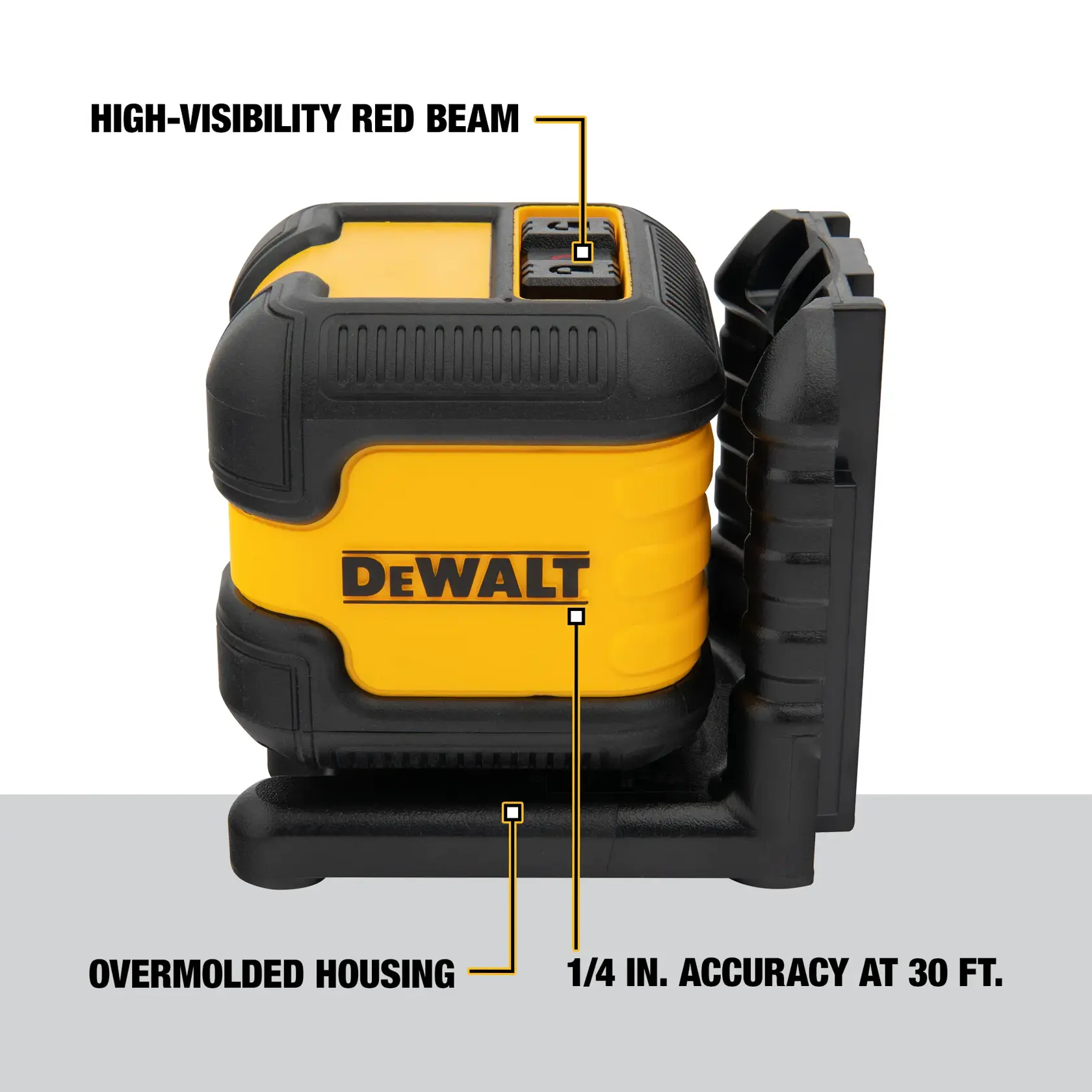 A DEWALT branded laser level device with yellow and black overmolded housing. Text on the image highlights its features: high-visibility red beam, overmolded housing, and 1/4 inch accuracy at 30 feet.