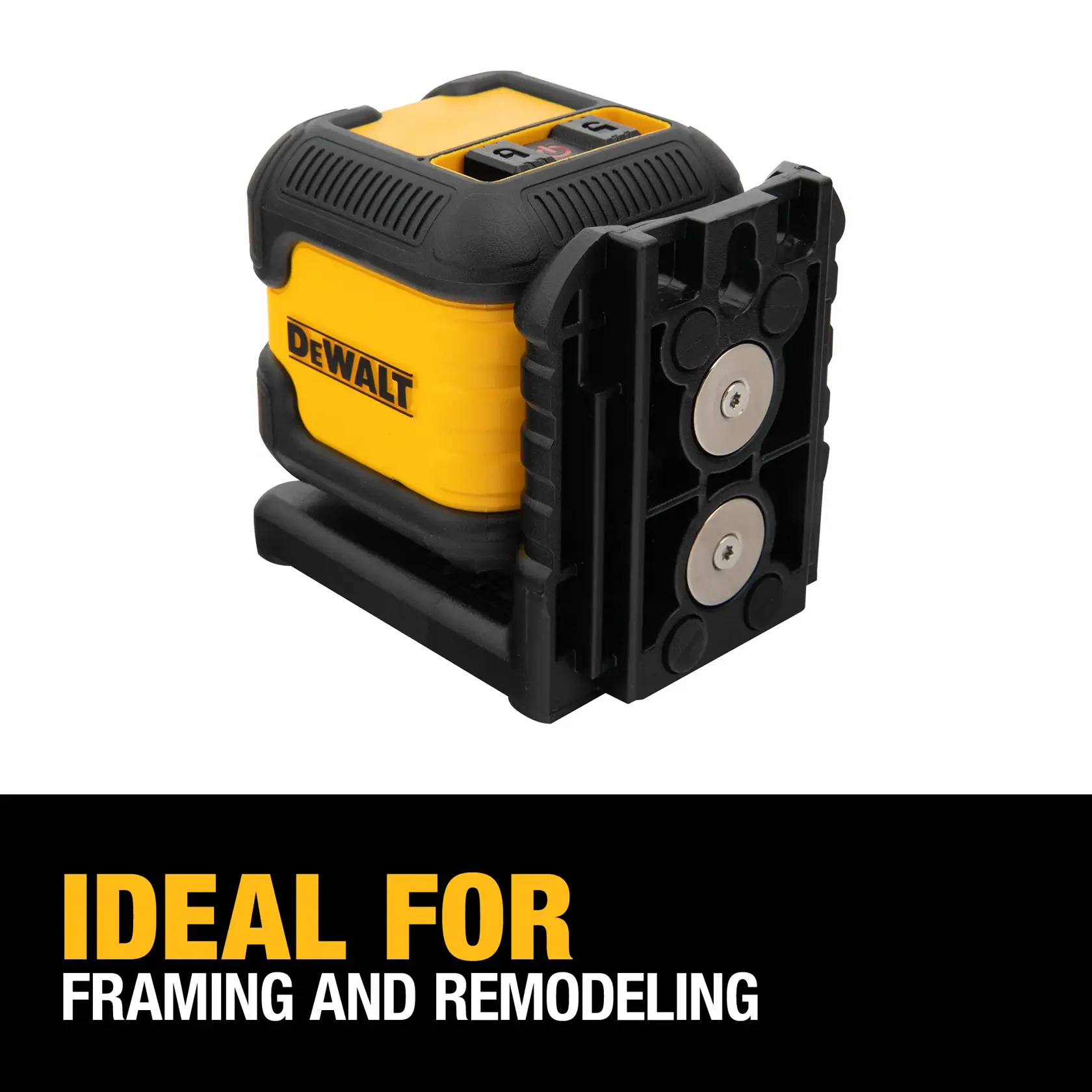 DEWALT DW08802 yellow and black self-leveling laser level tool displayed with text stating 'Ideal for framing and remodeling' on a black background.
