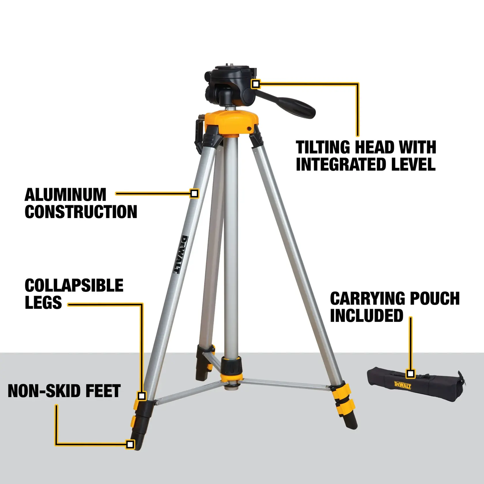 A DEWALT tripod with aluminum construction, collapsible legs, non-skid feet, a tilting head with integrated level, and carrying pouch included. The tripod is shown standing upright with the labeled features highlighted. The carrying pouch is positioned beside the tripod.