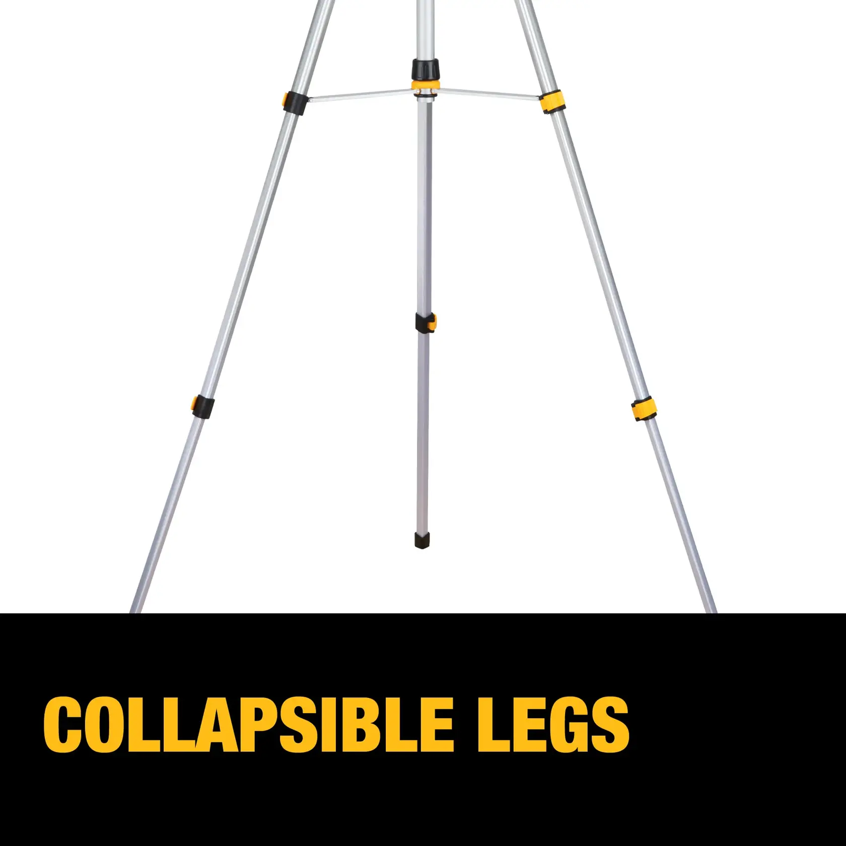 The lower part of a DEWALT tripod with collapsible aluminum legs is shown. The image features yellow adjustment clamps and the text 'COLLAPSIBLE LEGS' in bold yellow letters.