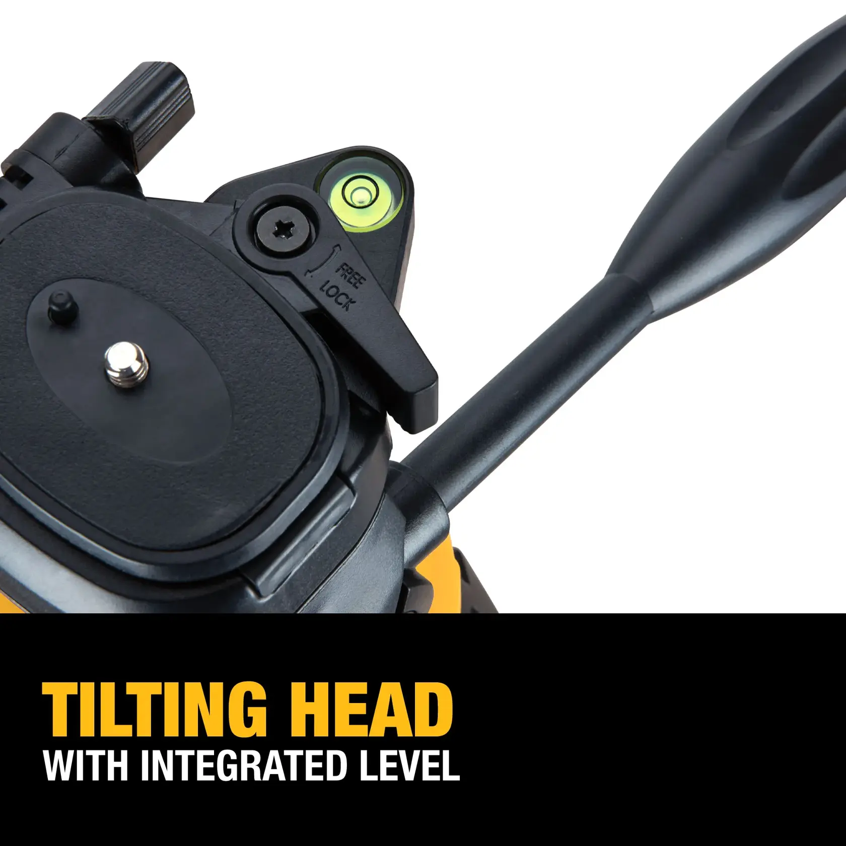 Close-up view of a DEWALT tilting head tripod with an integrated bubble level and locking mechanism, accompanied by text that reads 'Tilting Head with Integrated Level.'
