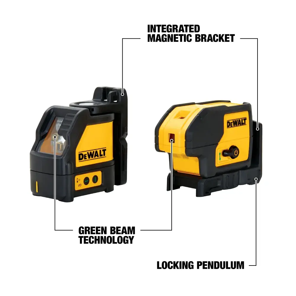 Two DEWALT laser level devices are shown. The first device highlights green beam technology and the second device features an integrated magnetic bracket and a locking pendulum.