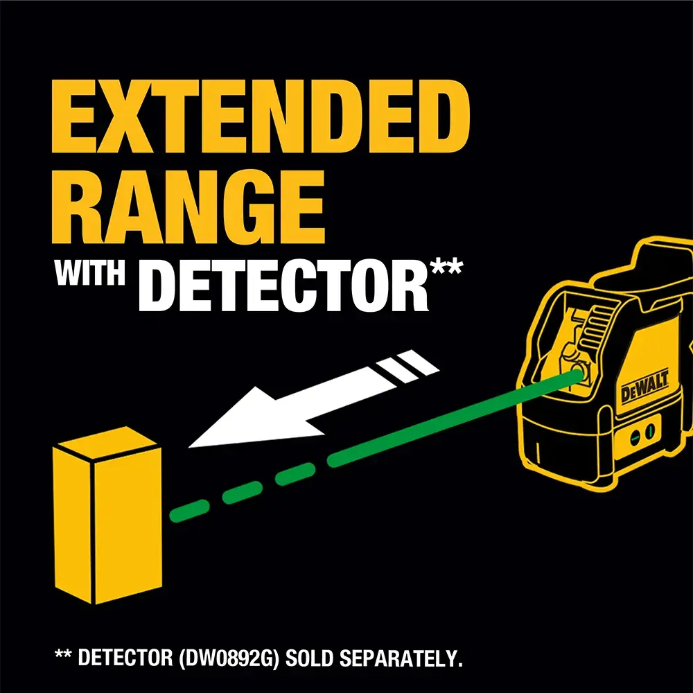 Graphic showing a DEWALT laser device projecting a green beam toward a detector. The text reads 'EXTENDED RANGE WITH DETECTOR'. There is a note stating 'Detector (DW0892G) sold separately.'