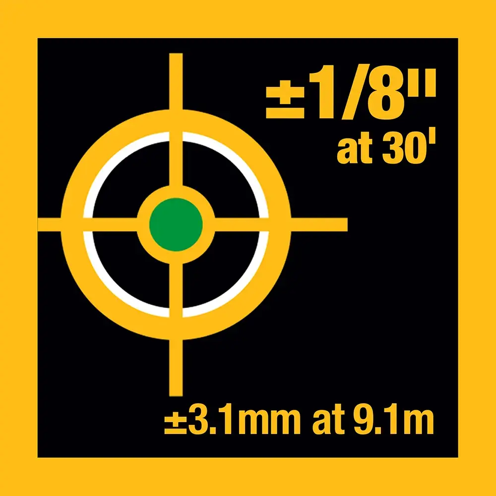 Graphic showing accuracy specification for a DEWALT product: ±1/8 inch at 30 feet and ±3.1 mm at 9.1 meters, with a target symbol in the center.