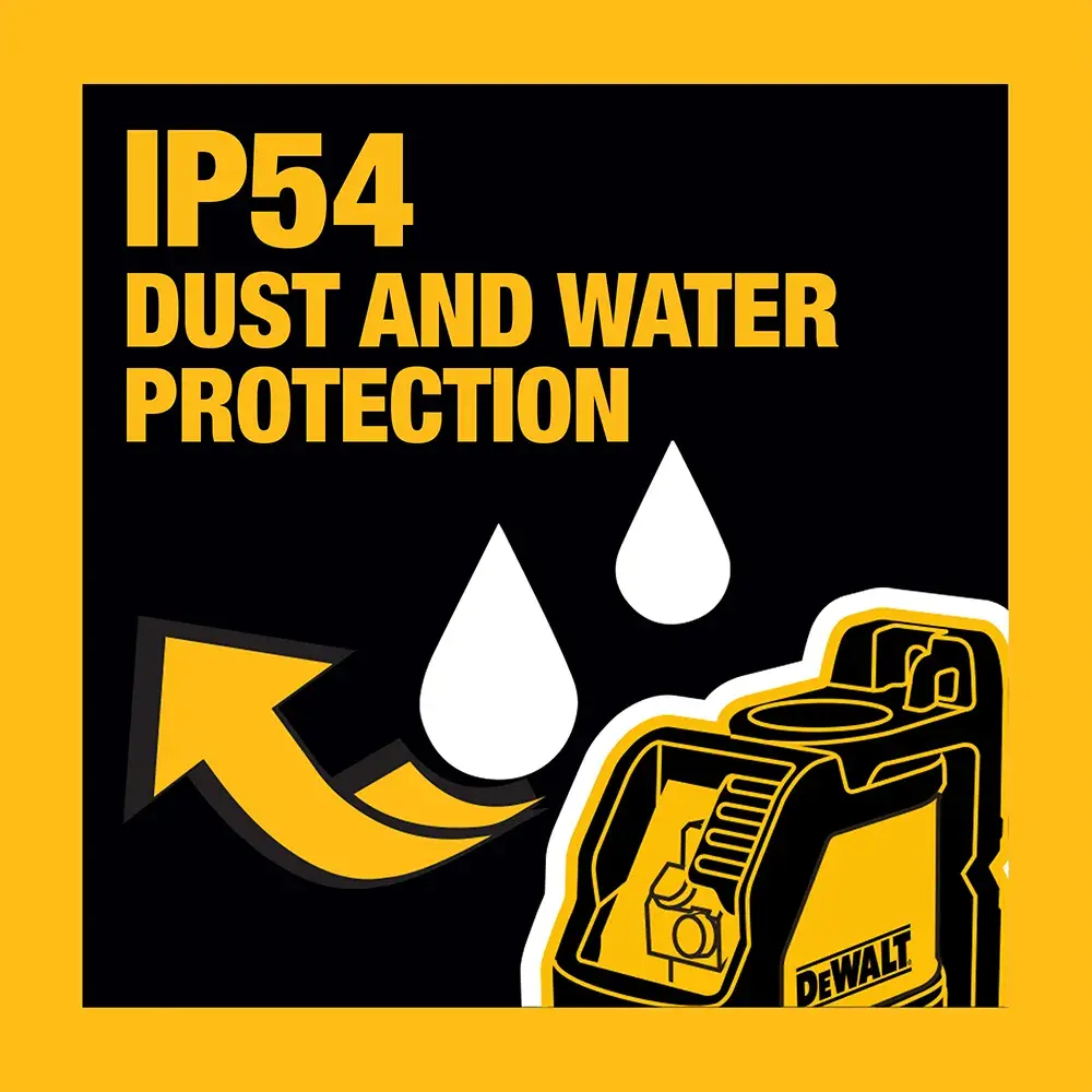 Illustration showing a DEWALT tool with IP54 dust and water protection, featuring two water drops, an arrow, and the text 'IP54 Dust and Water Protection' in yellow on a black background.