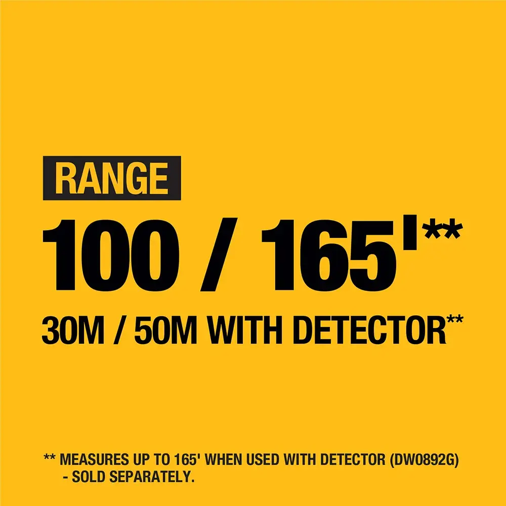 Square yellow DEWALT graphic showing range information: 'RANGE 100 / 165 ft** 30M / 50M with detector**'. Small text notes that range of up to 165 feet is possible when used with detector model DW0892G, sold separately.