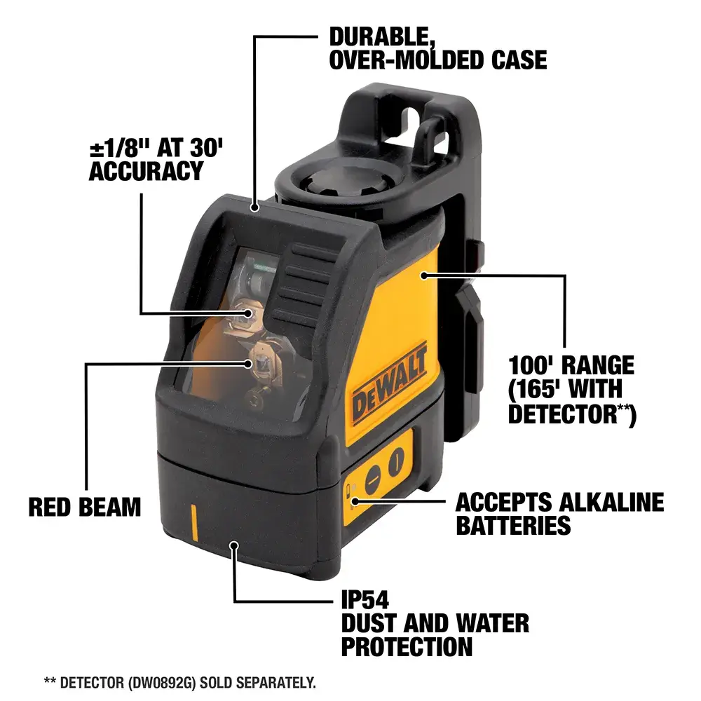 DEWALT DW088K cross line laser level in a durable, over-molded case. Features shown in labels include: ±1/8 inch accuracy at 30 feet, red beam, IP54 dust and water protection, accepts alkaline batteries, 100 feet range (165 feet with detector, detector sold separately).