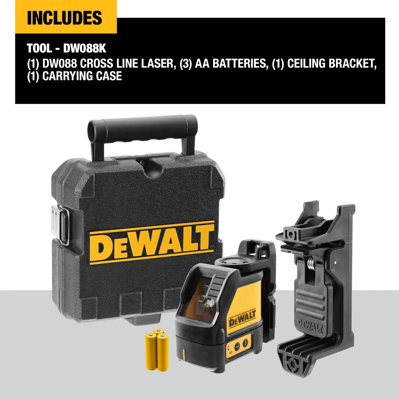 DEWALT DW088K cross line laser kit, including a black hard carrying case with yellow DEWALT logo, a yellow and black cross line laser, three AA batteries, and a black ceiling bracket, arranged together on a light gray surface.