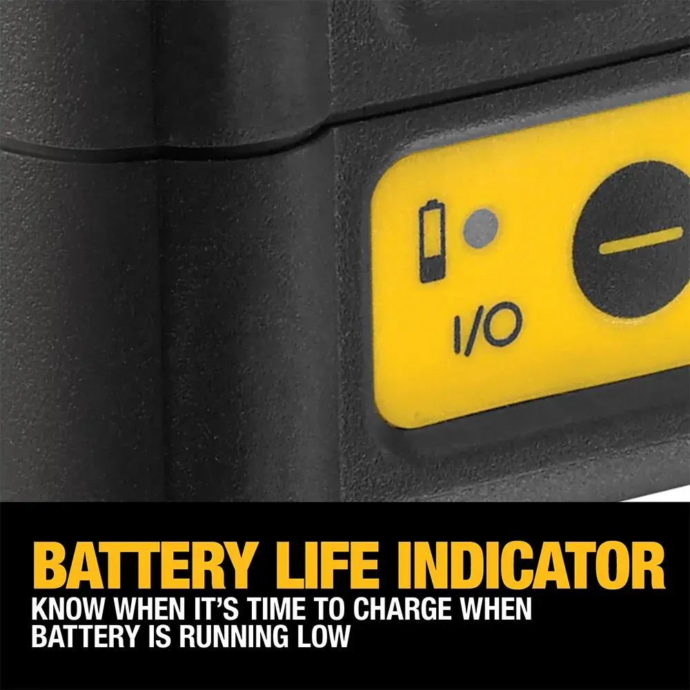 Close-up of a battery life indicator on a DEWALT tool with yellow label and black casing.