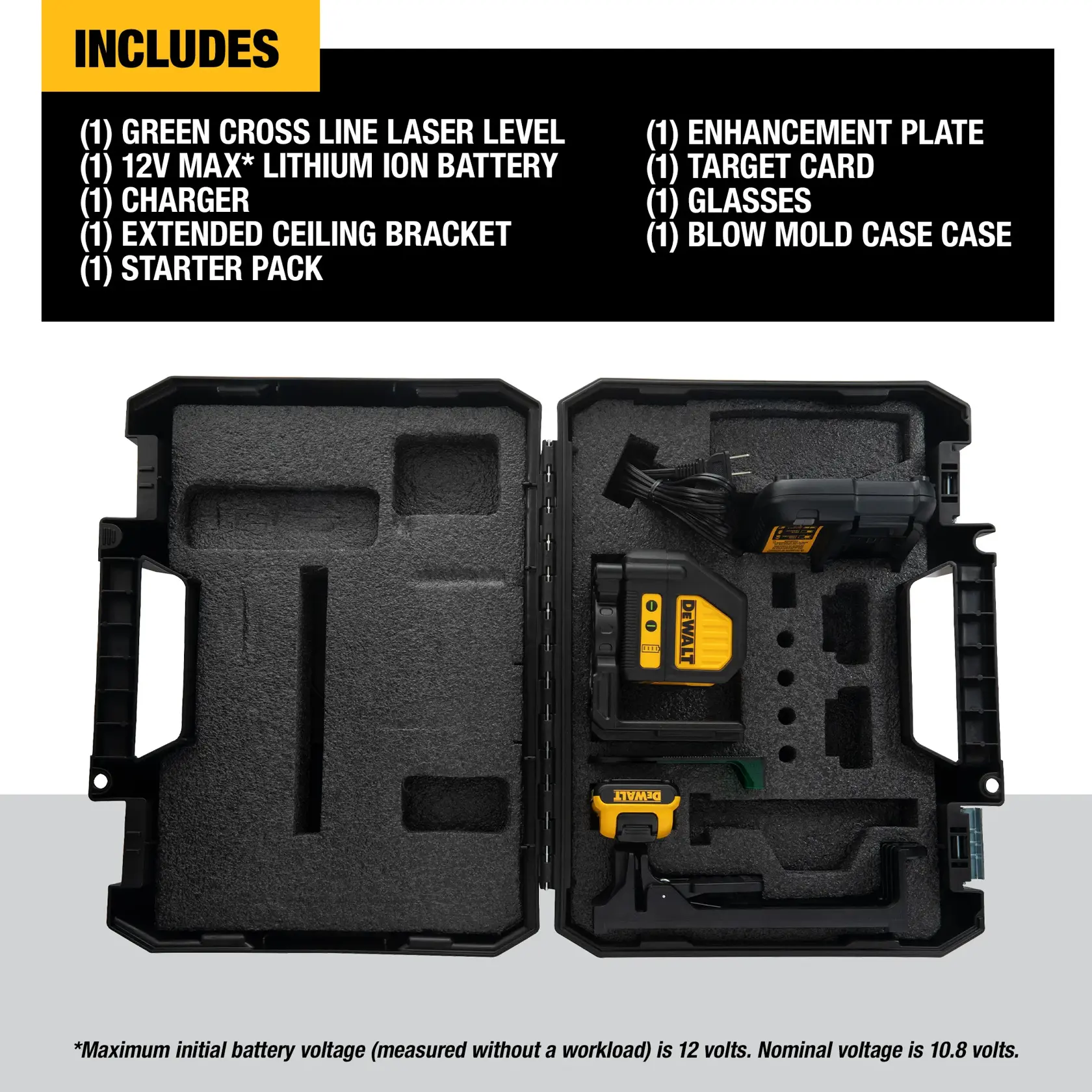 Open DEWALT carrying case showing a green cross line laser level kit, including a 12V MAX lithium ion battery, charger, extended ceiling bracket, starter pack, enhancement plate, target card, glasses, and blow mold case. The image also lists these items on the upper half.