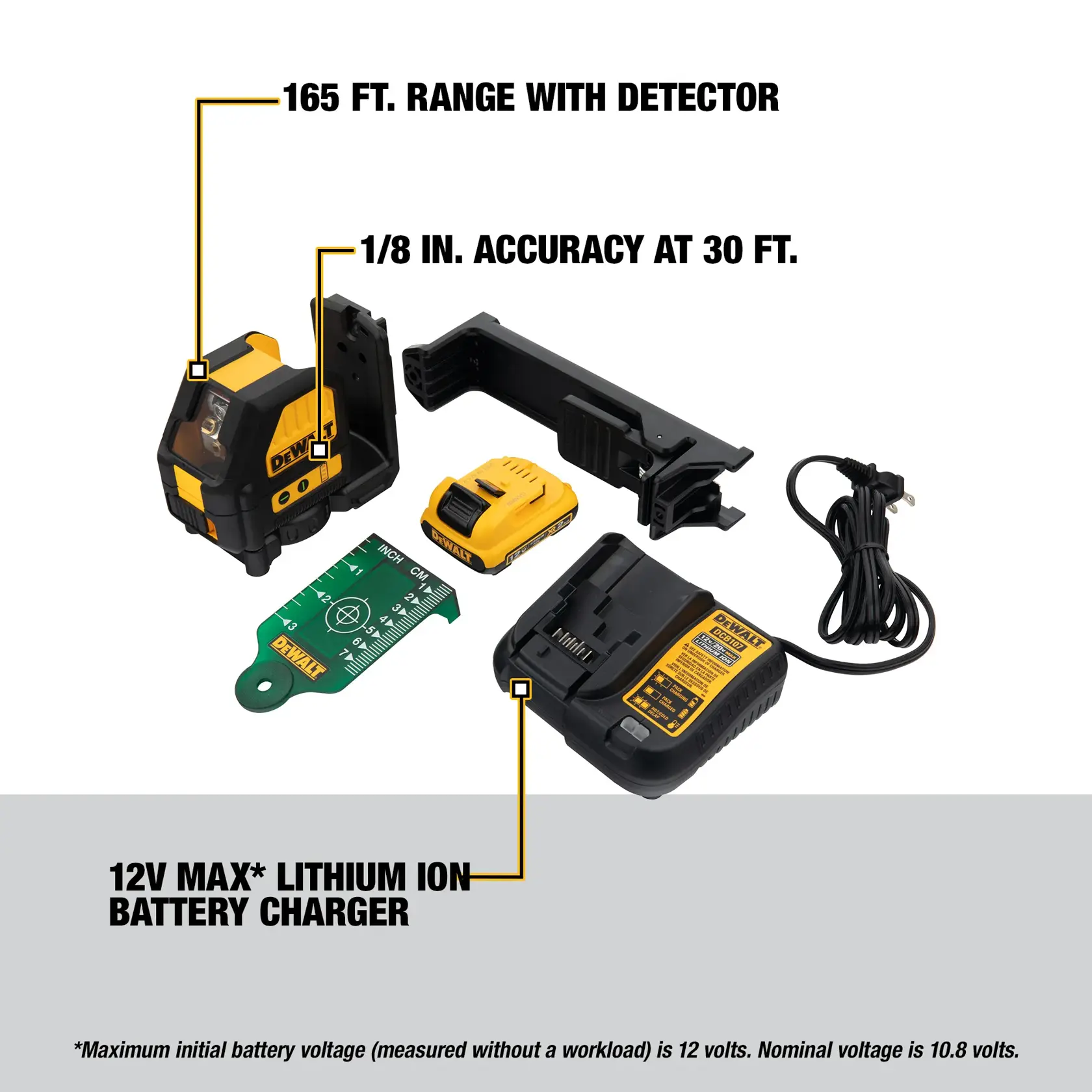 DEWALT DW088LG laser level kit, including a green cross line laser, a mounting bracket, a detector plate, a rechargeable 12V MAX lithium ion battery, a battery charger, and a power cord. Key features highlighted are 165 ft. range with detector, 1/8 inch accuracy at 30 ft, and inclusion of a battery charger.