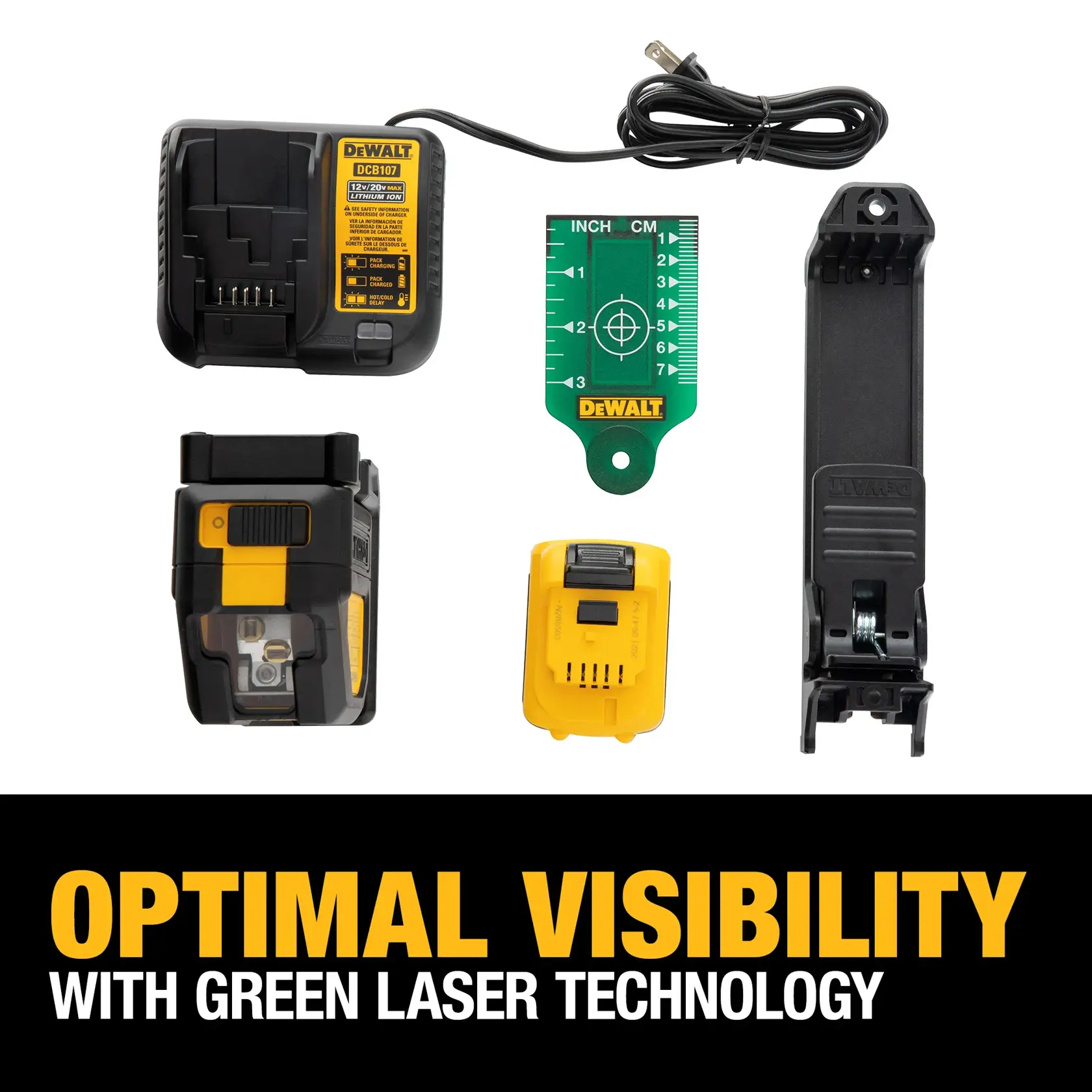 Image of a DEWALT green laser level kit with charger, battery, bracket, target card, and the main laser tool. Text at the bottom reads: 'Optimal visibility with green laser technology.'