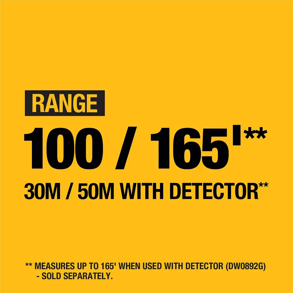 Yellow and black product graphic showing the range of a DEWALT laser level. Text reads: RANGE 100 / 165'** 30M / 50M WITH DETECTOR**. Small print explains: Measures up to 165' when used with detector (DW0892G) - sold separately.