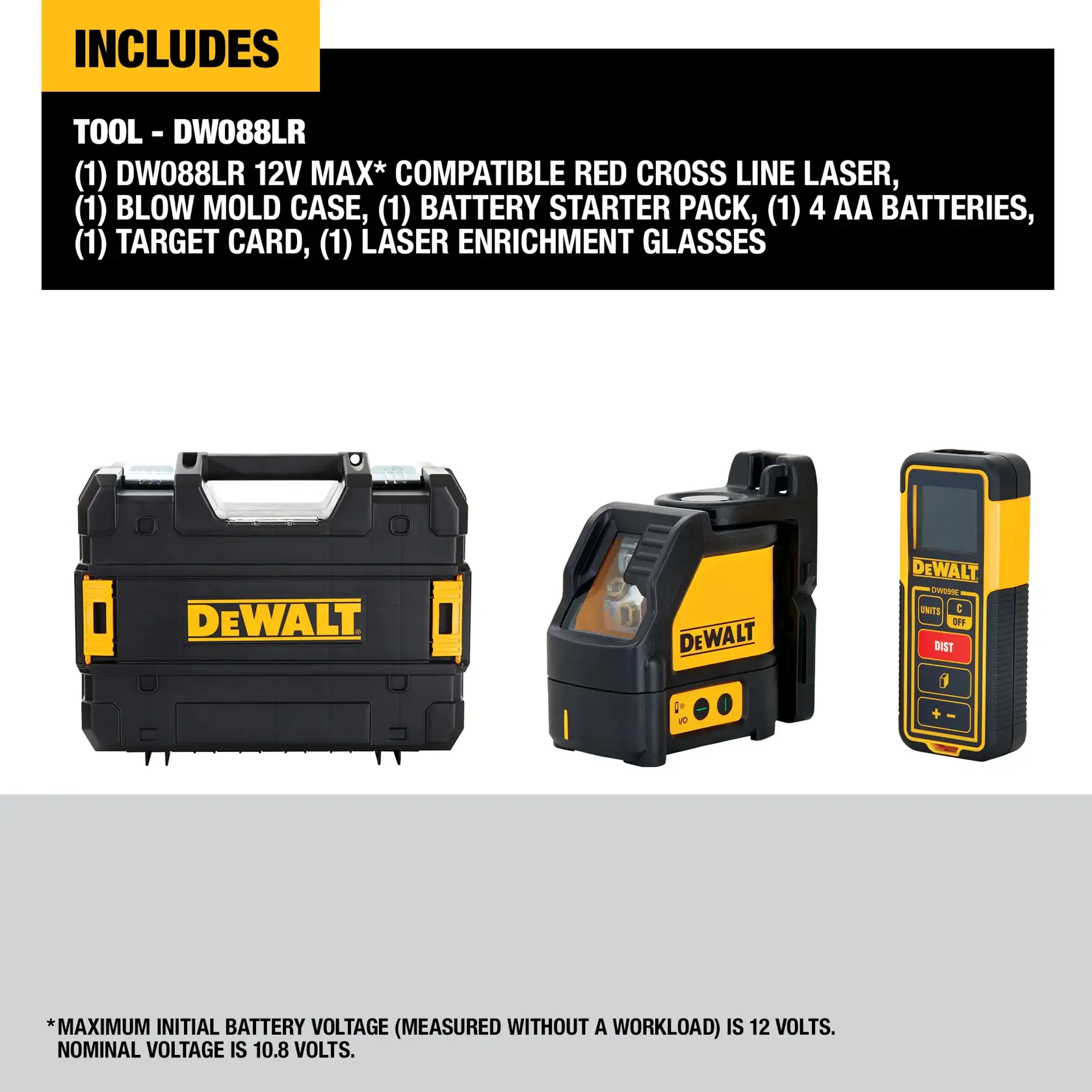 Image showing the DEWALT DW088LR tool kit, which includes a 12V MAX compatible red cross line laser, a blow mold carrying case, a battery starter pack, 4 AA batteries, a target card, laser enrichment glasses, and additional DEWALT branded accessories. The items are displayed side by side with product details listed above.