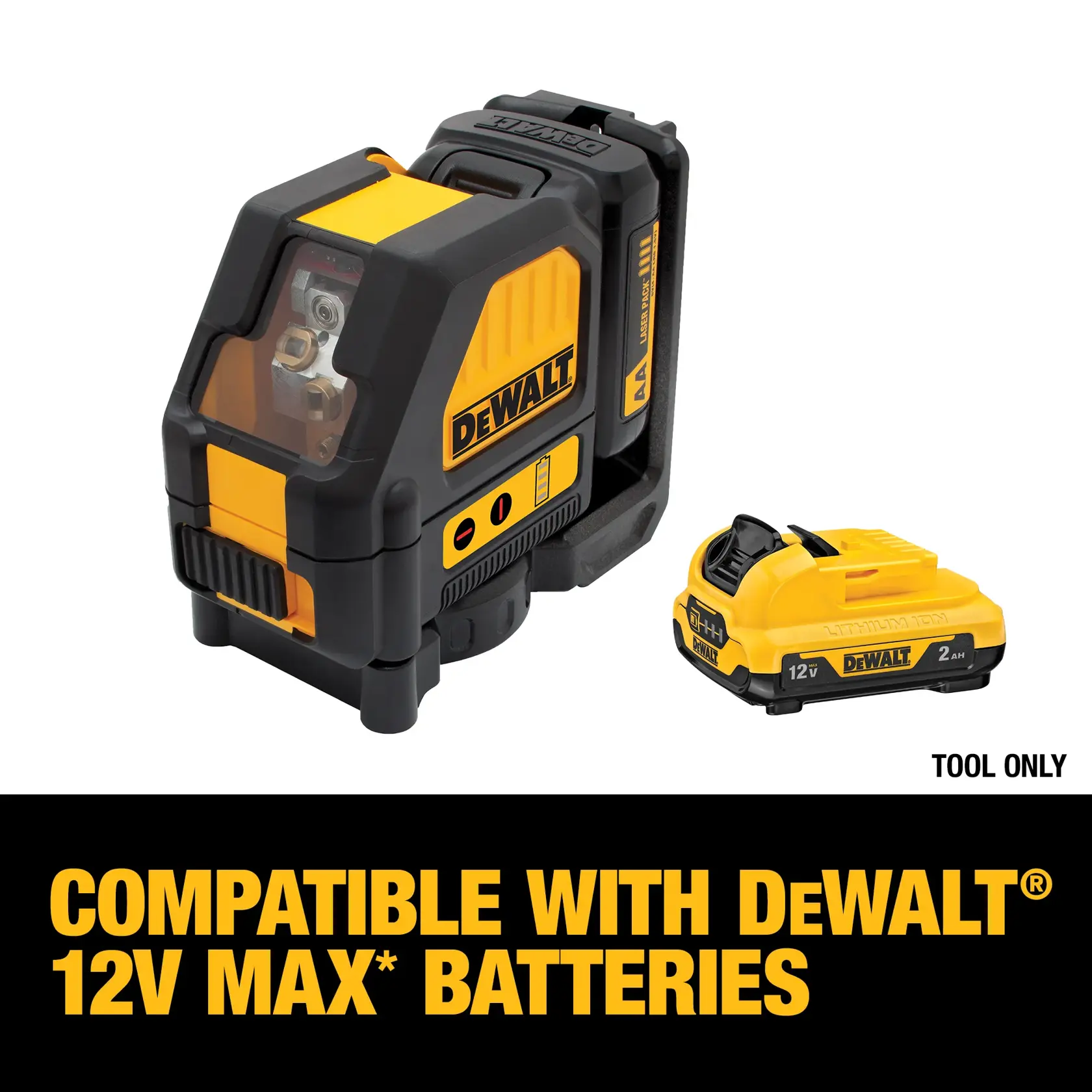 DEWALT DW088LR 12V MAX compatible laser level tool shown with a 12V lithium-ion battery. The image highlights the compatibility with DEWALT 12V MAX batteries. Text at the bottom reads: COMPATIBLE WITH DEWALT 12V MAX* BATTERIES. TOOL ONLY.