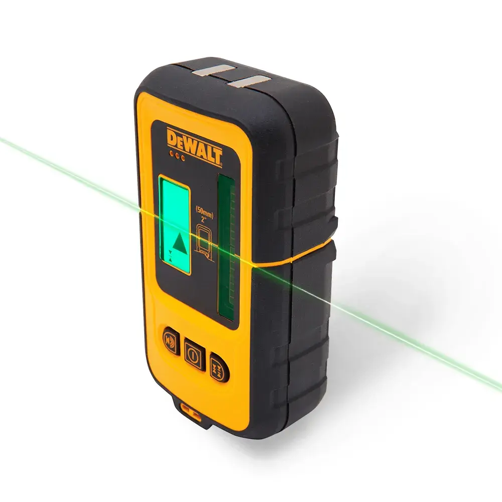 A DEWALT DW0892G green beam laser detector with a yellow and black casing is shown detecting a green laser line.