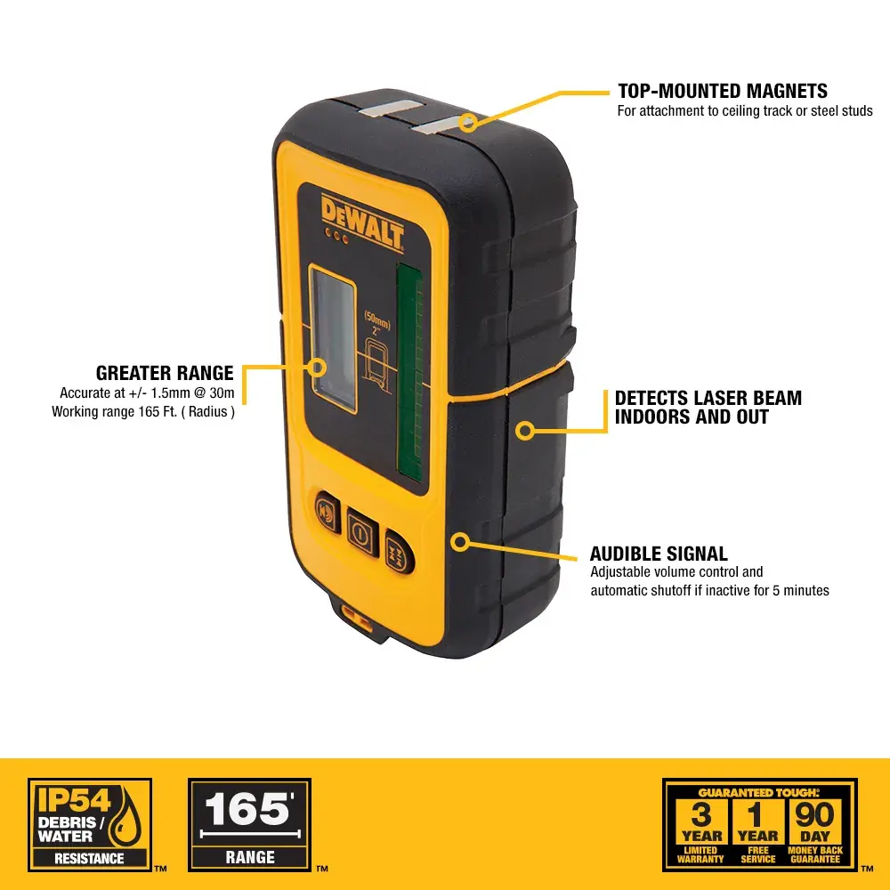 DEWALT DW0892G graphics show a yellow and black laser detector device with features labeled, including top-mounted magnets, greater range, detection of laser beams indoors and outdoors, and an audible signal. Information panels highlight IP54 water resistance, 165-foot range, and warranty details.
