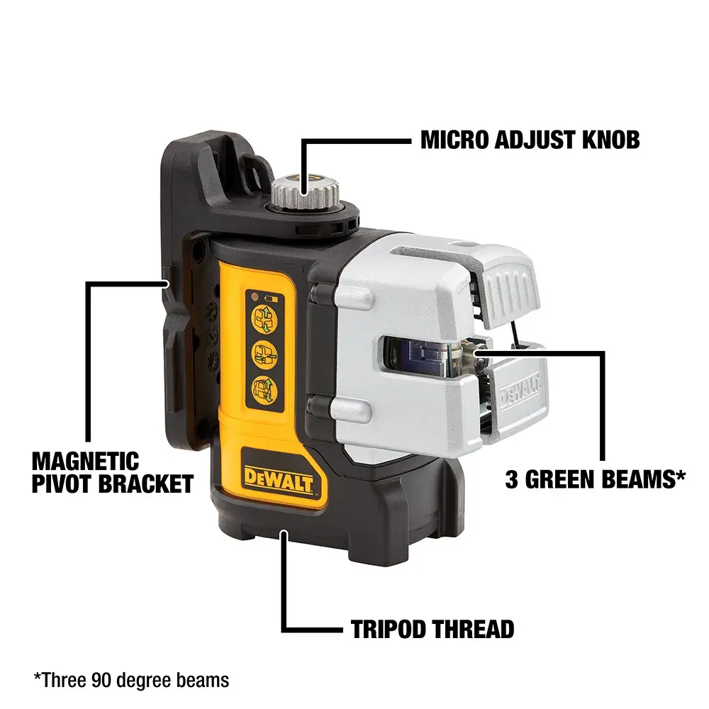 DEWALT DW089CG cross line laser level showing labeled features including micro adjust knob, magnetic pivot bracket, three green beams, and tripod thread.