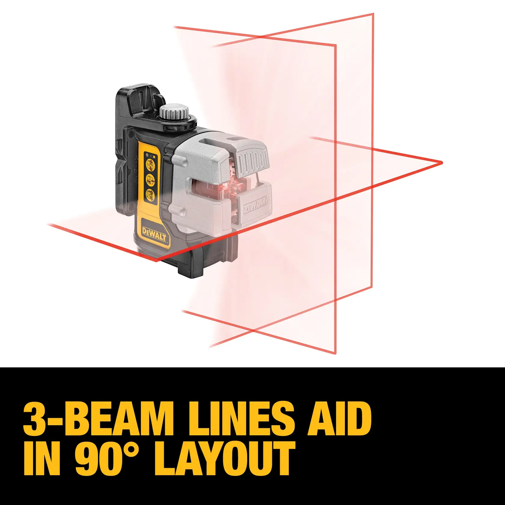 DEWALT laser level device projecting three red beam lines forming a 90-degree layout, with text stating '3-beam lines aid in 90° layout' in yellow on a black background.