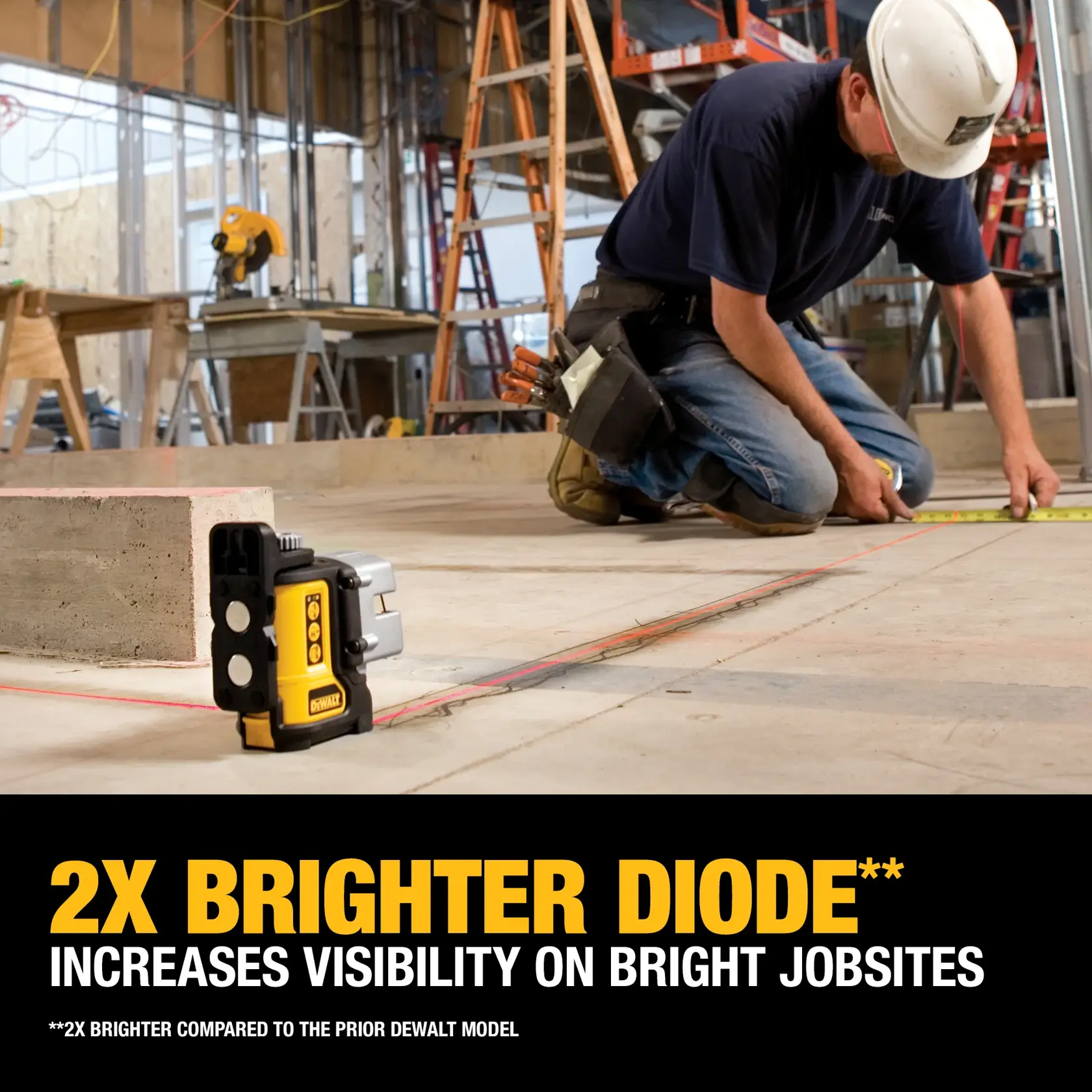 A DEWALT laser level tool is shown projecting bright red laser lines across a construction site floor. A worker wearing a hard hat and tool belt is kneeling and measuring the floor with a tape measure. The image promotes the tool's 2x brighter diode for increased visibility on bright jobsites.