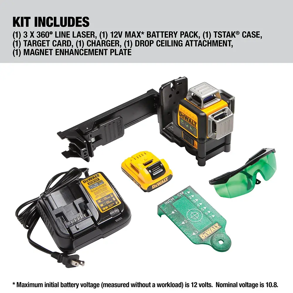 The image shows the DEWALT DW089LG kit contents, which include a 3 x 360° line laser, a 12V Max battery pack, a TSTAK case, a target card, a charger, a drop ceiling attachment, a magnet enhancement plate, and a pair of green laser enhancement safety glasses.