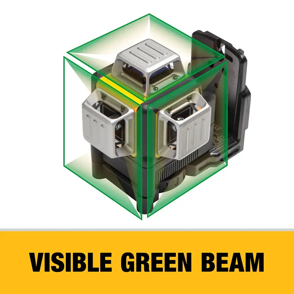 DEWALT laser level device with visible green beam lines illustrated, accompanied by a yellow label that reads 'VISIBLE GREEN BEAM'.
